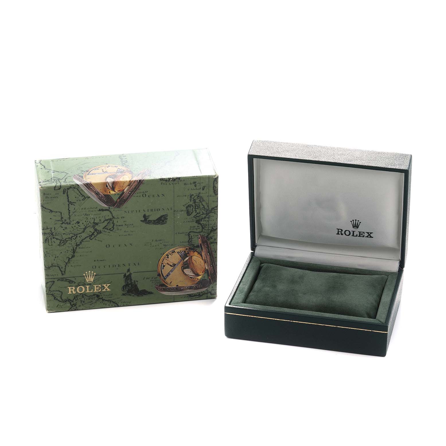 The image shows a Rolex Yacht-Master 169623 Women's Steel and Gold (two tone) Silver Dial box and an open watch case from a front angle.