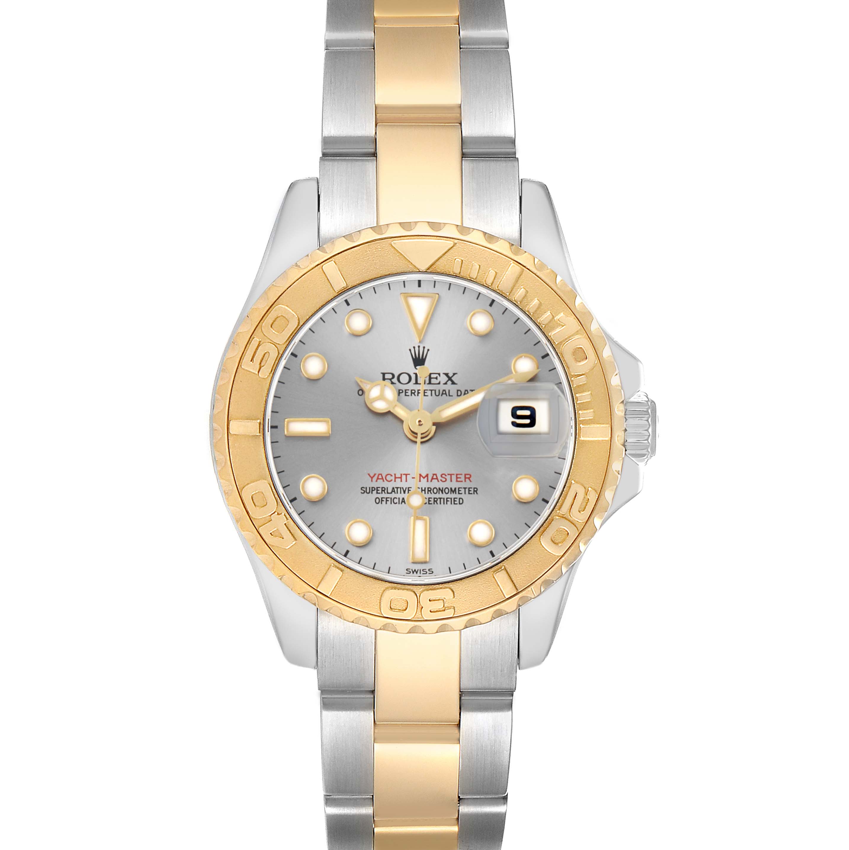 The Rolex Yacht-Master 169623 Women's Steel and Gold (two tone) Silver Dial watch is shown from the front, highlighting the dial, bezel, and two-tone bracelet.