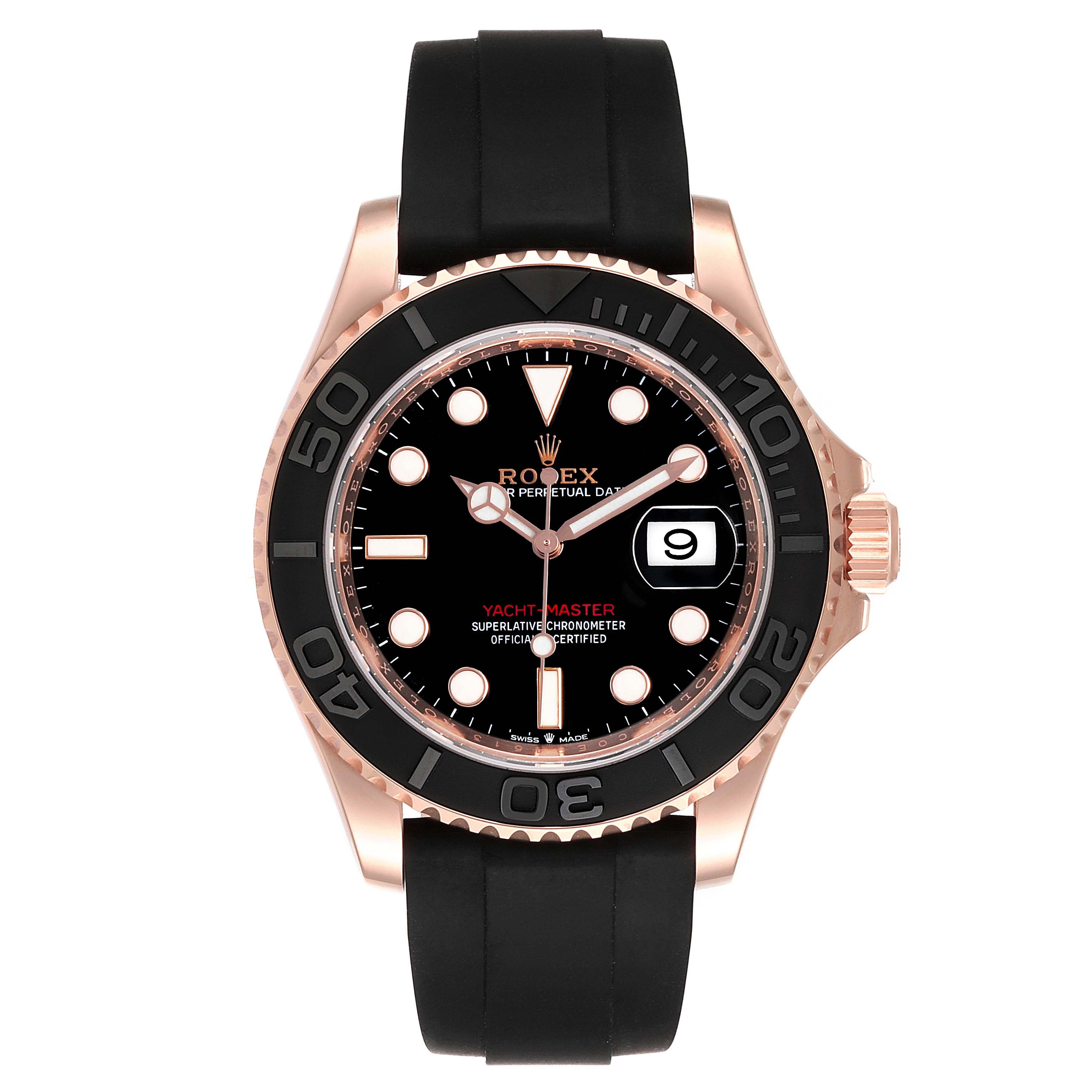 This image shows a front view of a Rolex Yacht-Master 126655 Men's Rose Gold Black Dial 126655 Men's Rose Gold Black Dial watch, highlighting its face, bezel, and black strap.