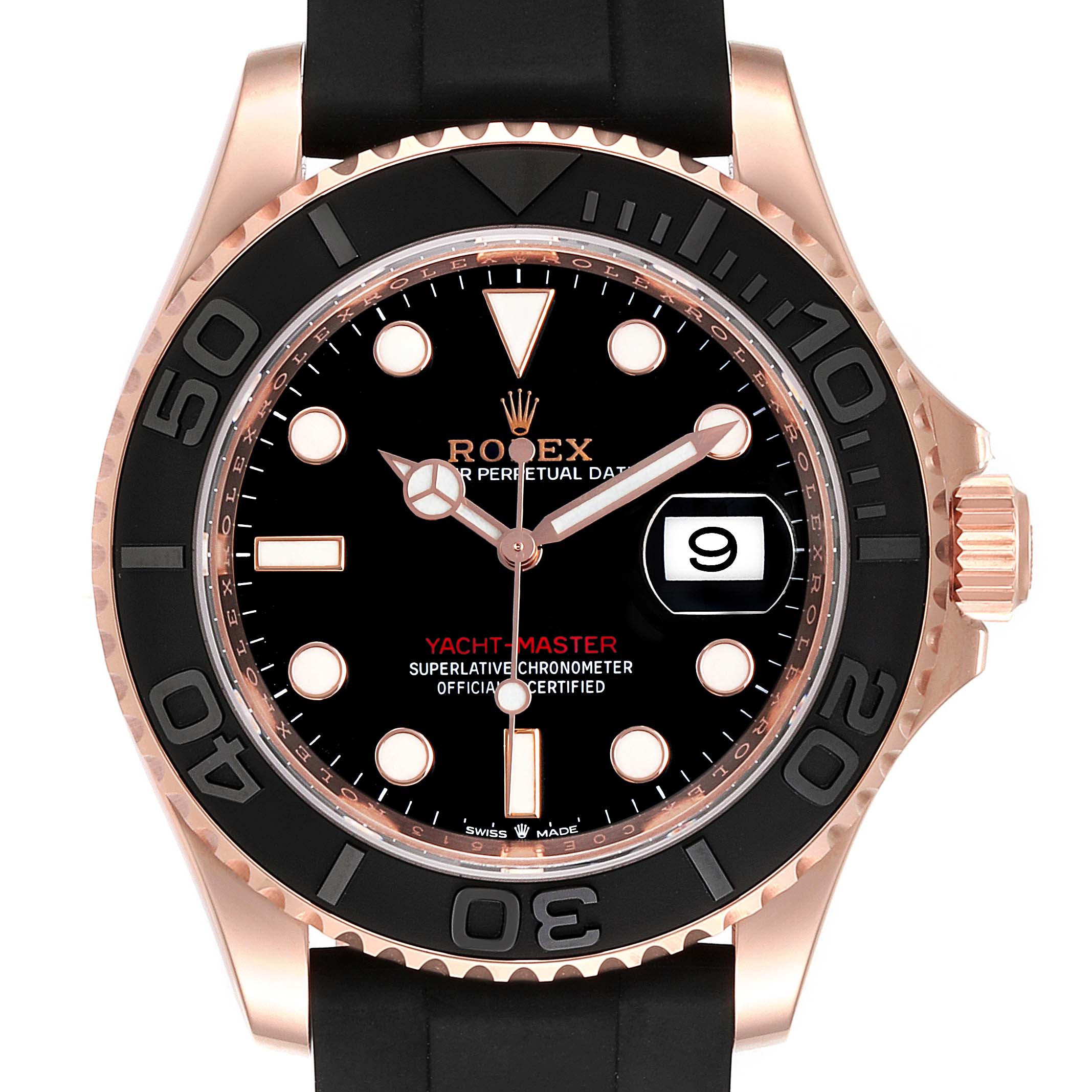 The image shows a front view of a Rolex Yacht-Master 126655 Men's Rose Gold Black Dial 126655 Men's Rose Gold Black Dial watch, highlighting its black dial, date window, and rose gold bezel.