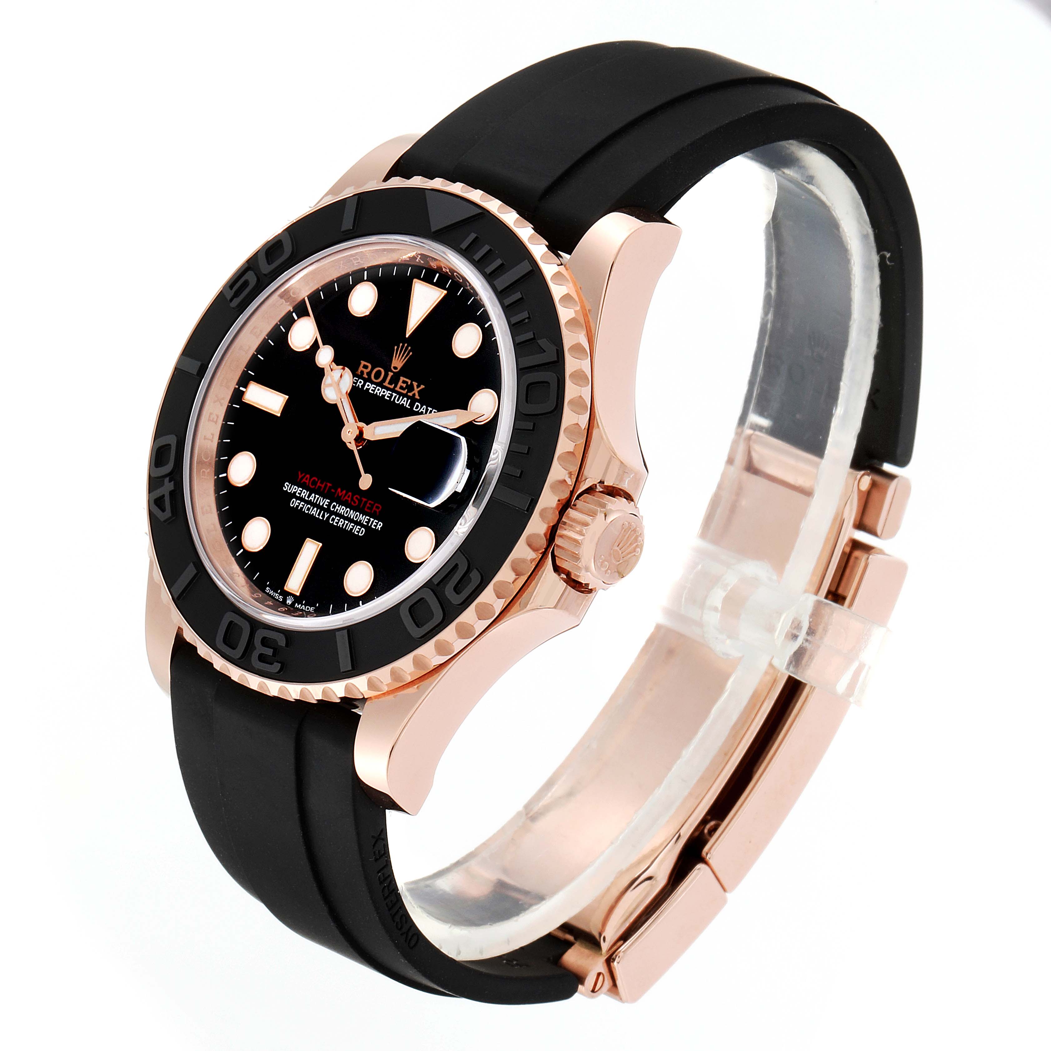 The image shows a Rolex Yacht-Master 126655 Men's Rose Gold Black Dial 126655 Men's Rose Gold Black Dial watch at a side angle, featuring its bezel, crown, dial, and rubber strap.