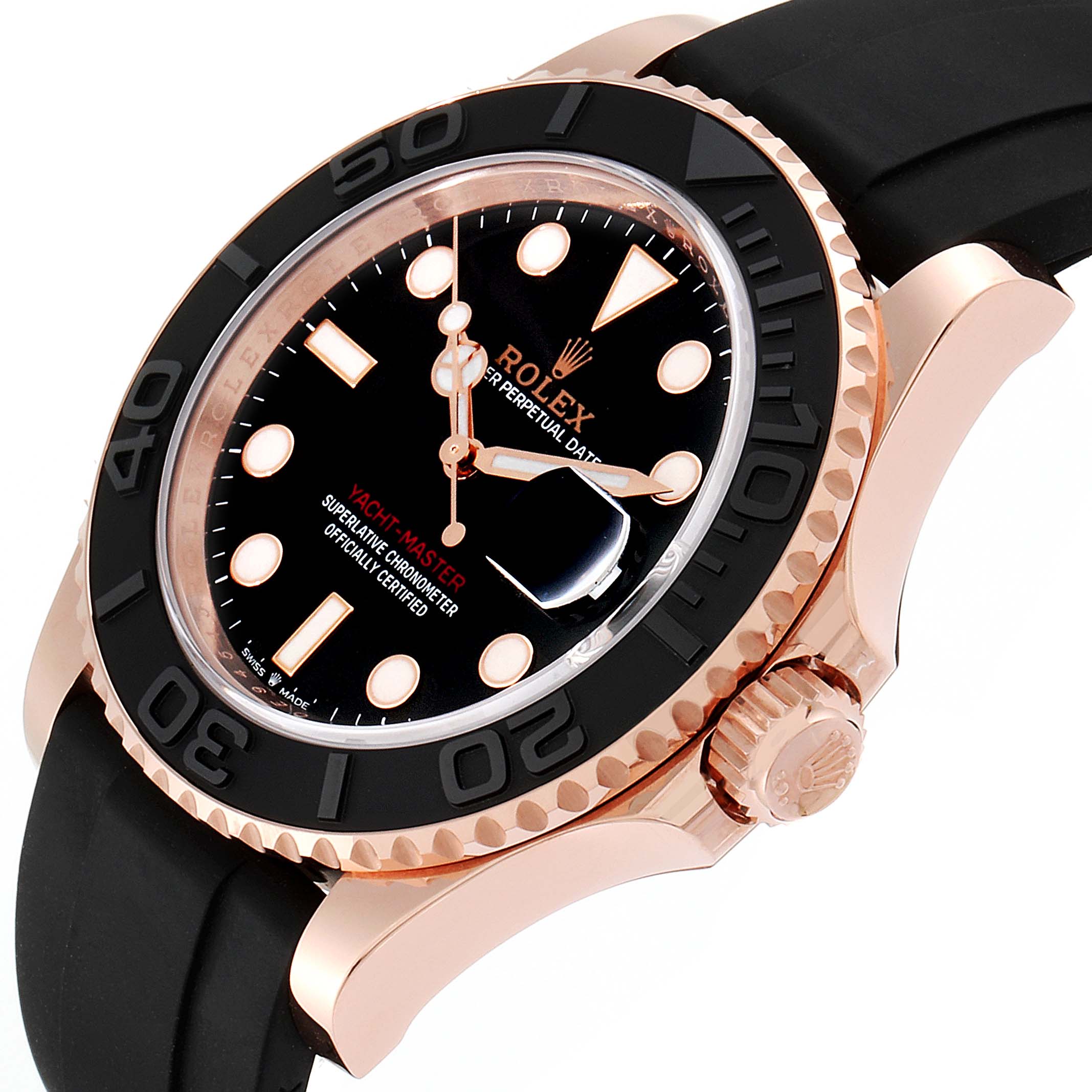 The Rolex Yacht-Master 126655 Men's Rose Gold Black Dial 126655 Men's Rose Gold Black Dial watch is shown from an oblique angle, highlighting the dial, bezel, case, crown, and strap.
