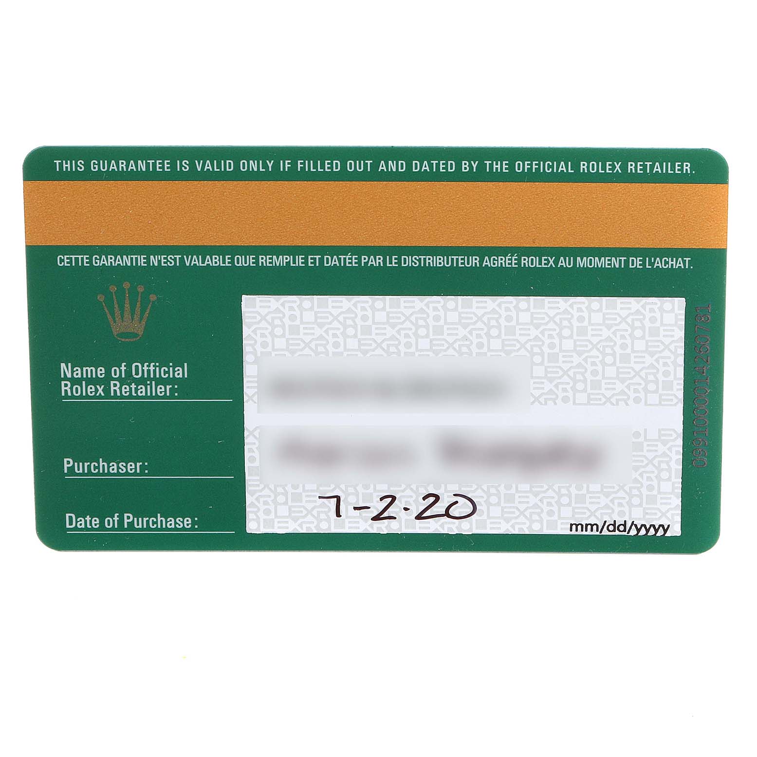 The image shows a warranty card for a Rolex Yacht-Master 126655 Men's Rose Gold Black Dial 126655 Men's Rose Gold Black Dial watch, including details for the retailer, purchaser, and purchase date.