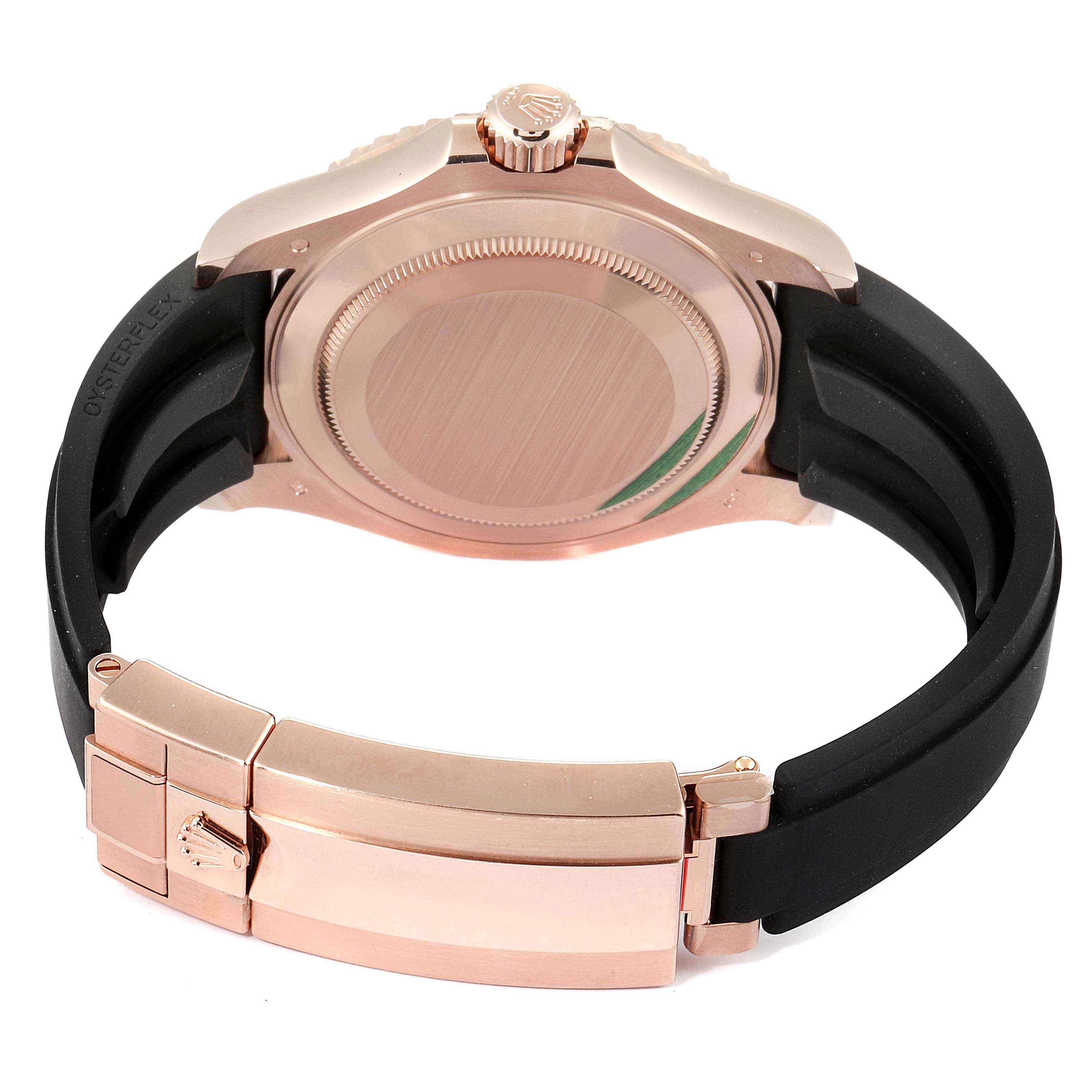 This image shows the back case and clasp of a Rolex Yacht-Master 126655 Men's Rose Gold Black Dial 126655 Men's Rose Gold Black Dial watch, highlighting the Oysterflex strap and rose gold components.