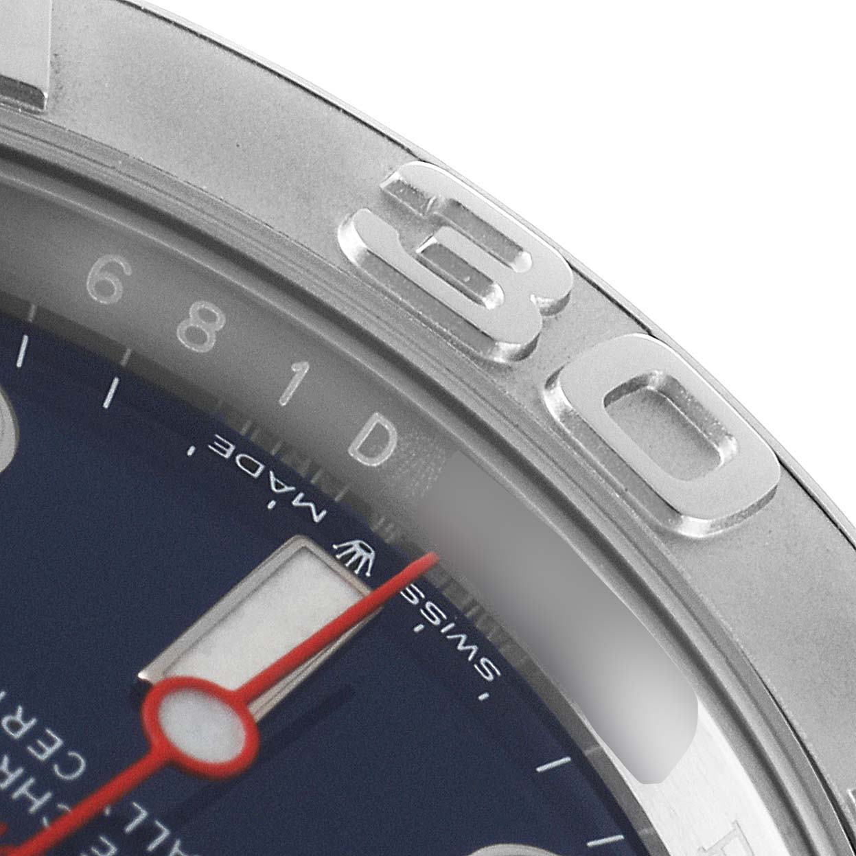 The image shows a close-up of the dial and bezel of the Rolex Yacht-Master 126622 Men
s Stainless Steel Blue Dial 126622 Men
s Stainless Steel Blue Dial watch, highlighting the numbers and part of the second hand.