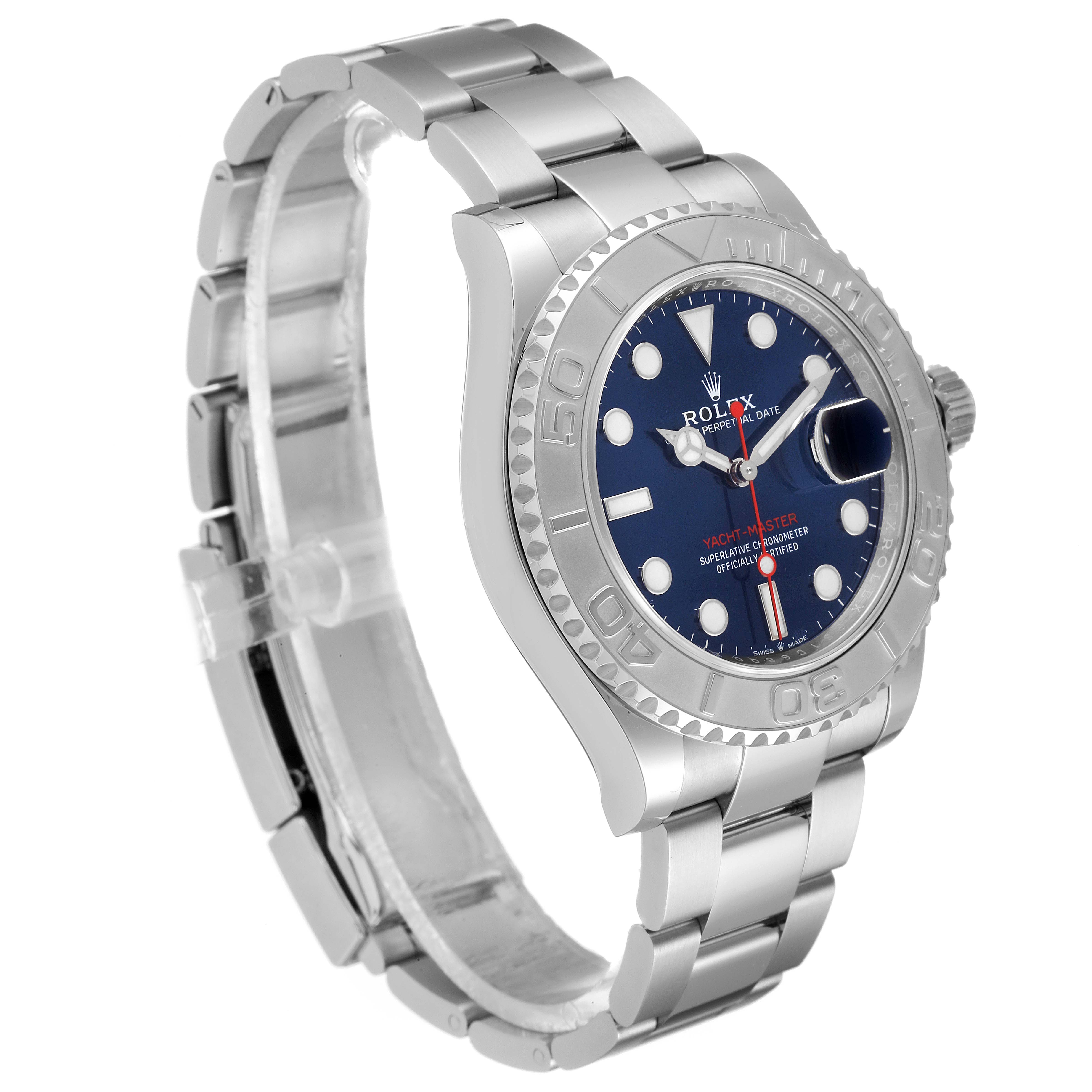 The image shows a Rolex Yacht-Master 126622 Men
s Stainless Steel Blue Dial 126622 Men
s Stainless Steel Blue Dial watch at a three-quarter view highlighting the dial, bezel, bracelet, and clasp.