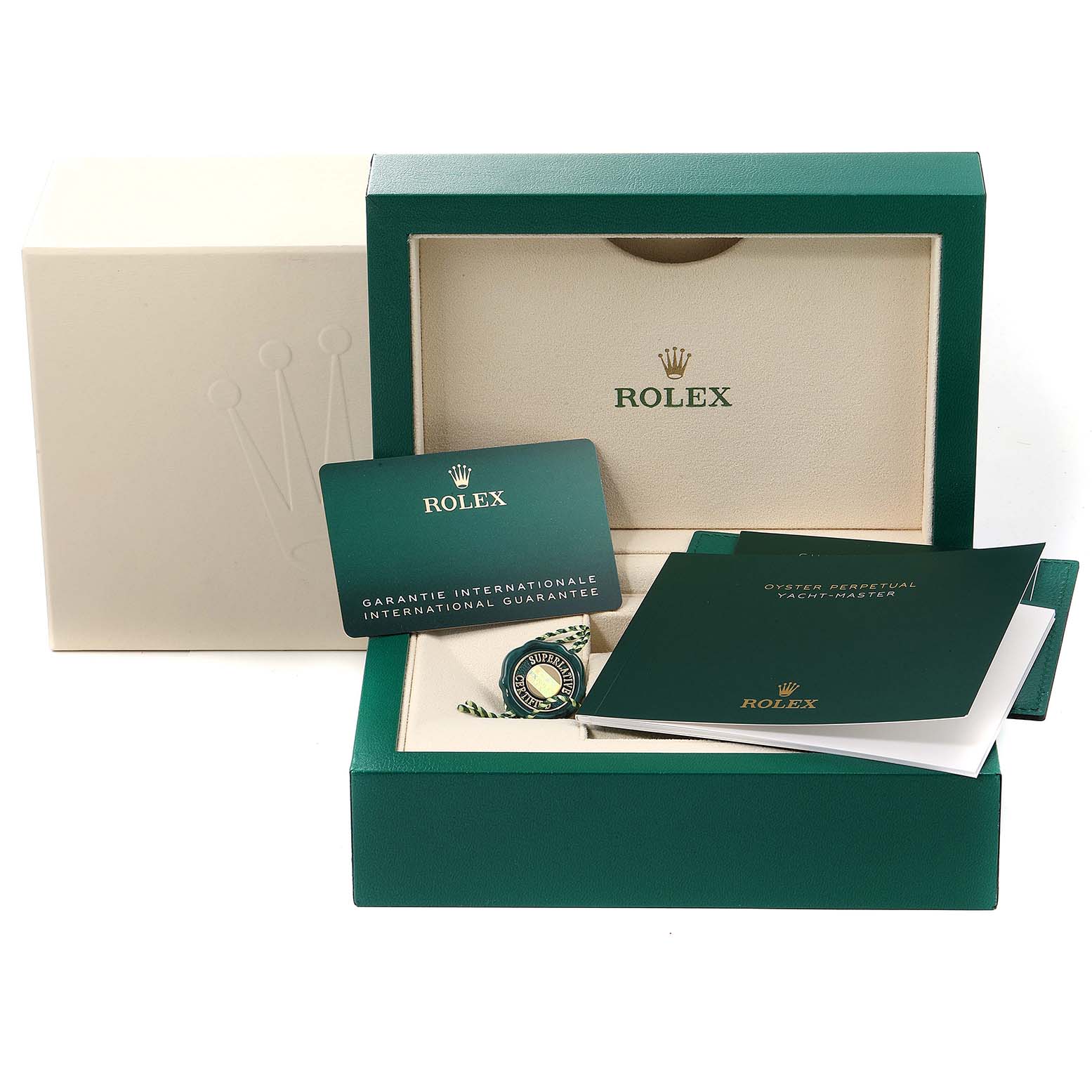 The image shows the open box of a Rolex Yacht-Master 126622 Men
s Stainless Steel Blue Dial 126622 Men
s Stainless Steel Blue Dial, with warranty and manuals displayed.