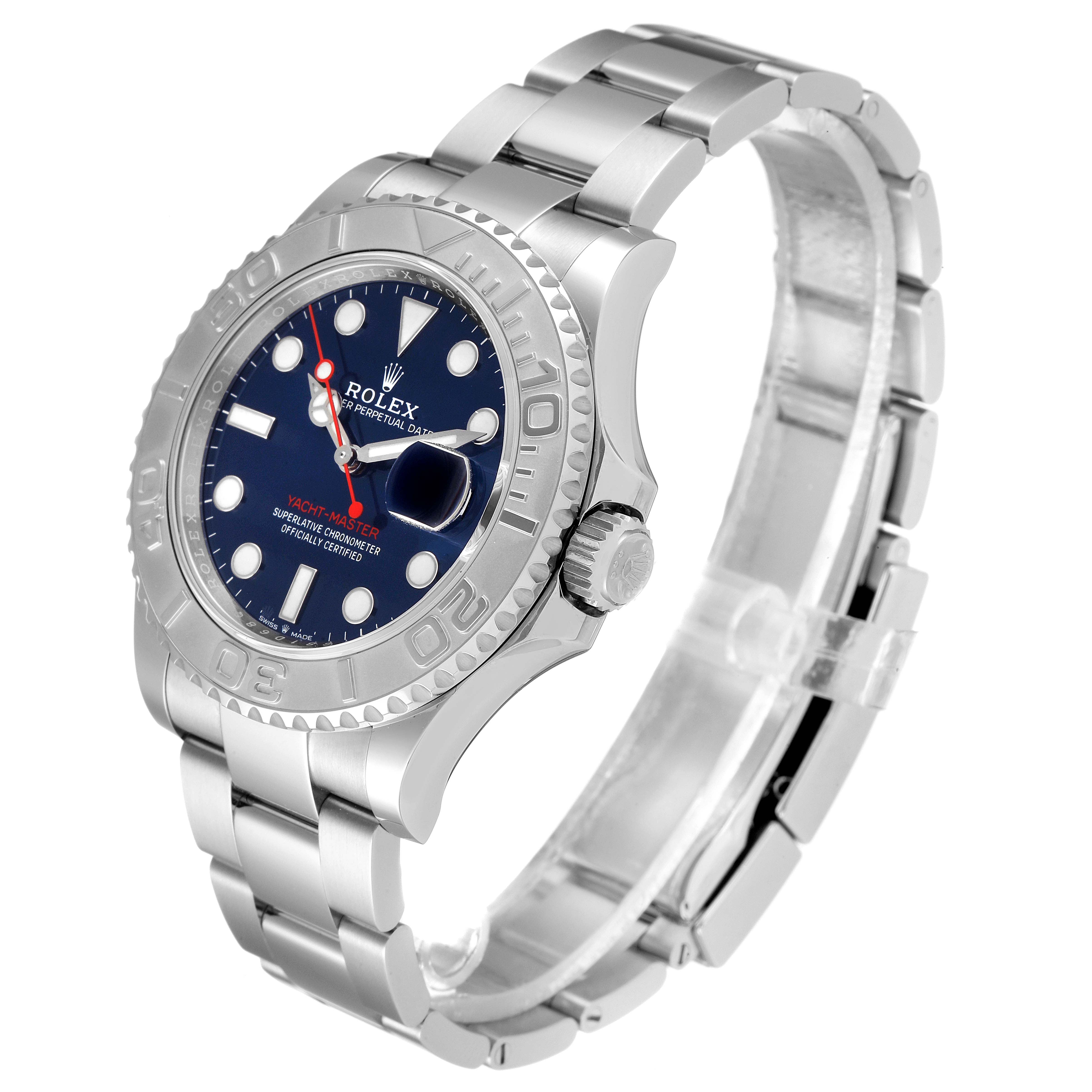 The image shows a side angle of the Rolex Yacht-Master 126622 Men
s Stainless Steel Blue Dial 126622 Men
s Stainless Steel Blue Dial watch, highlighting its face, bezel, and part of the bracelet.