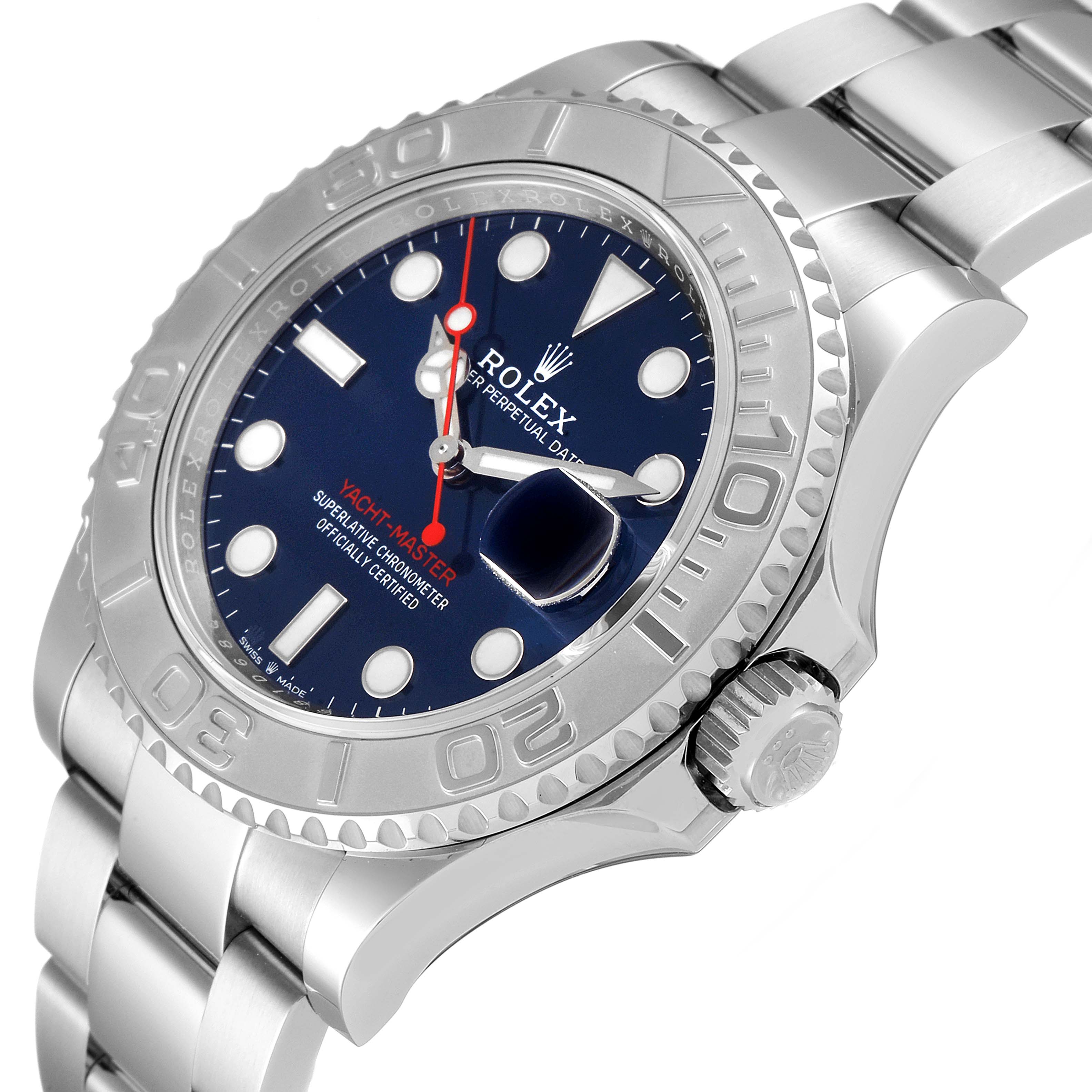 The image shows a side angle of the Rolex Yacht-Master 126622 Men
s Stainless Steel Blue Dial 126622 Men
s Stainless Steel Blue Dial watch, displaying the bezel, crown, dial, and part of the bracelet.