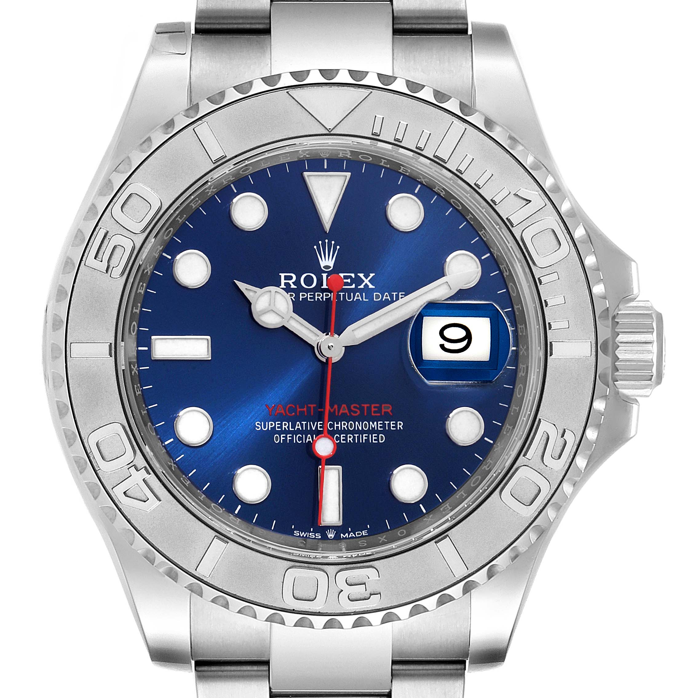 This image shows a front view of a Rolex Yacht-Master 126622 Men
s Stainless Steel Blue Dial 126622 Men
s Stainless Steel Blue Dial watch, highlighting its dial, bezel, and part of the bracelet.