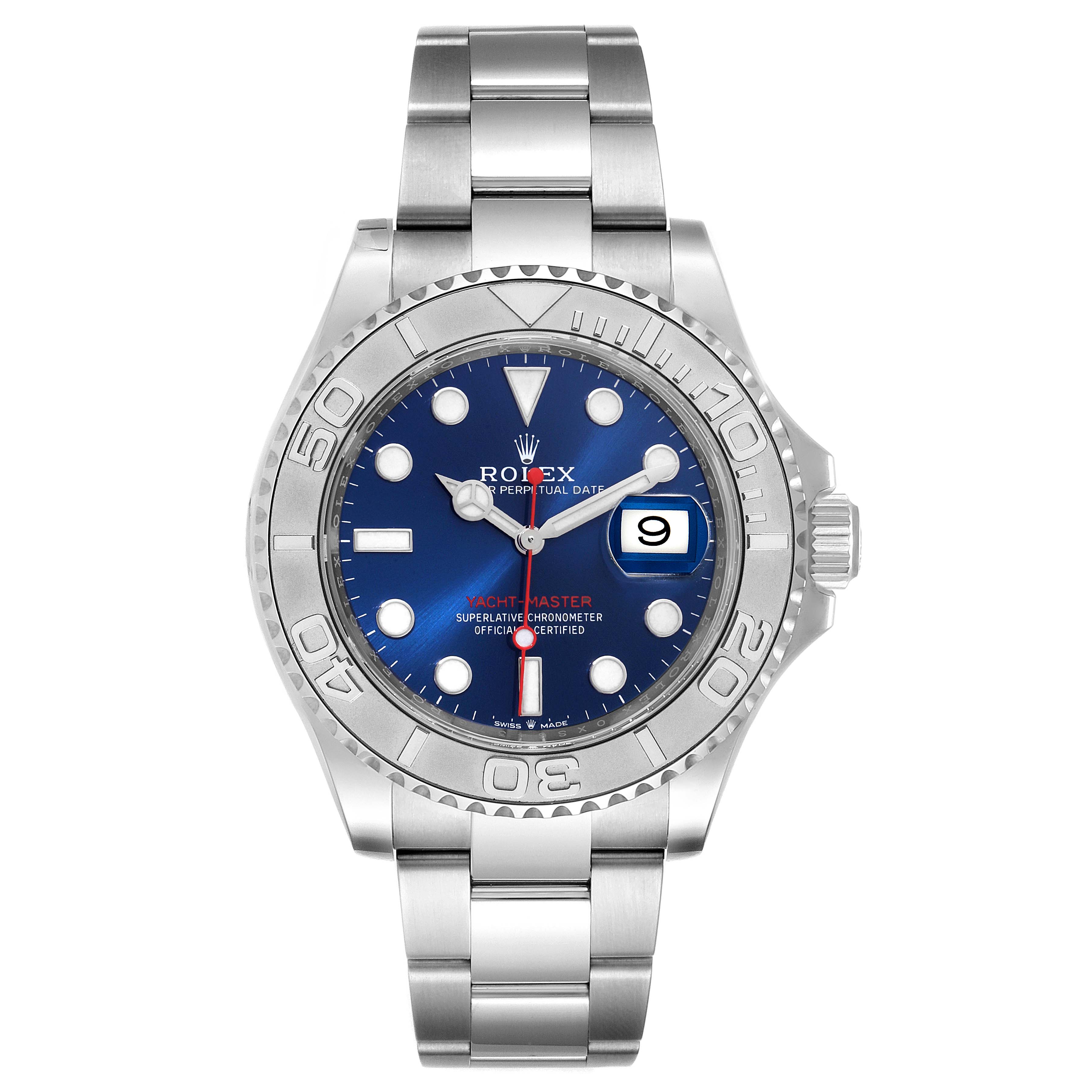 The image shows a front view of a Rolex Yacht-Master 126622 Men
s Stainless Steel Blue Dial 126622 Men
s Stainless Steel Blue Dial watch, highlighting the dial, bezel, hands, bracelet, and date function.