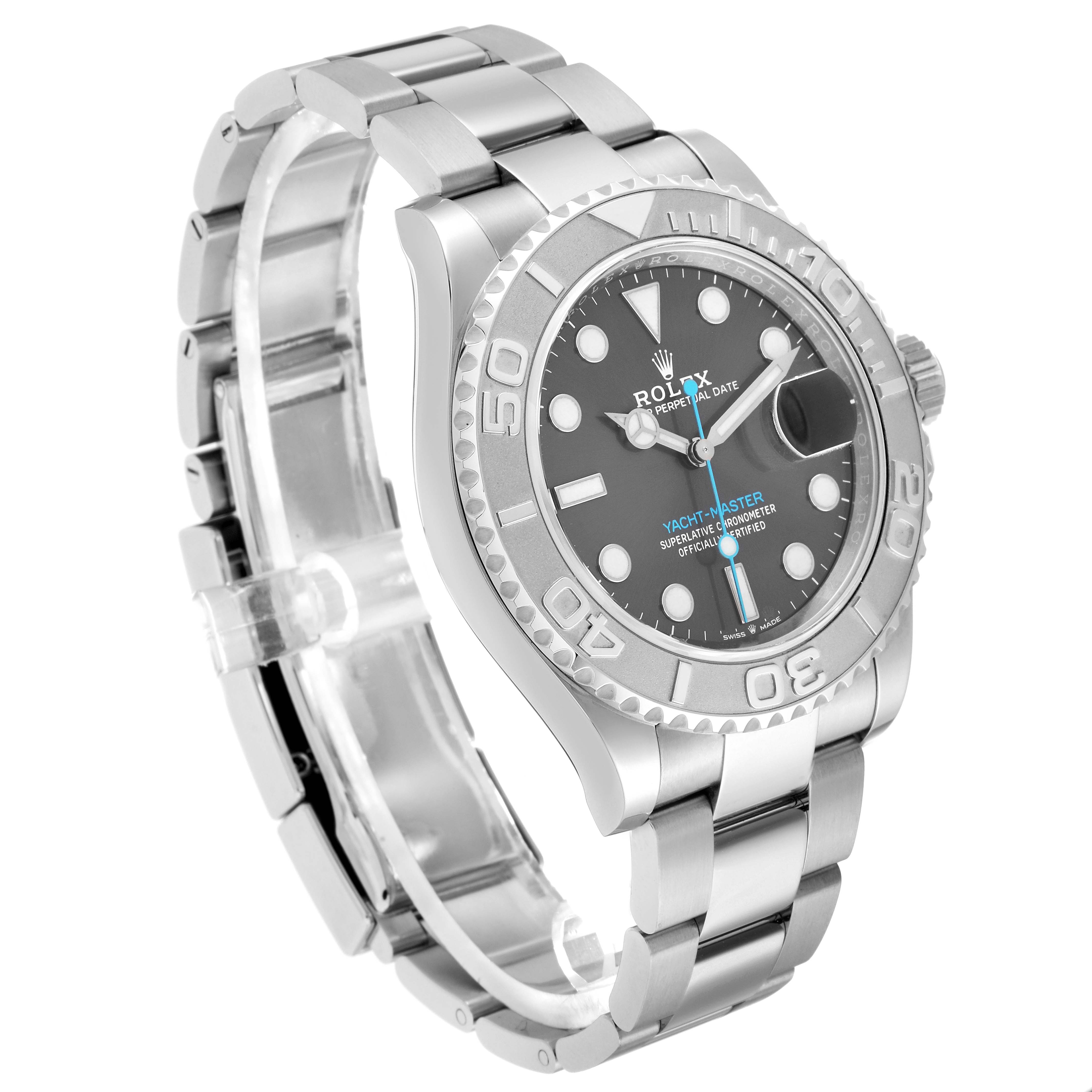 The Rolex Yacht-Master 126622 Men
s Stainless Steel Silver Dial watch is shown at a three-quarter angle, displaying the face, bezel, and bracelet.