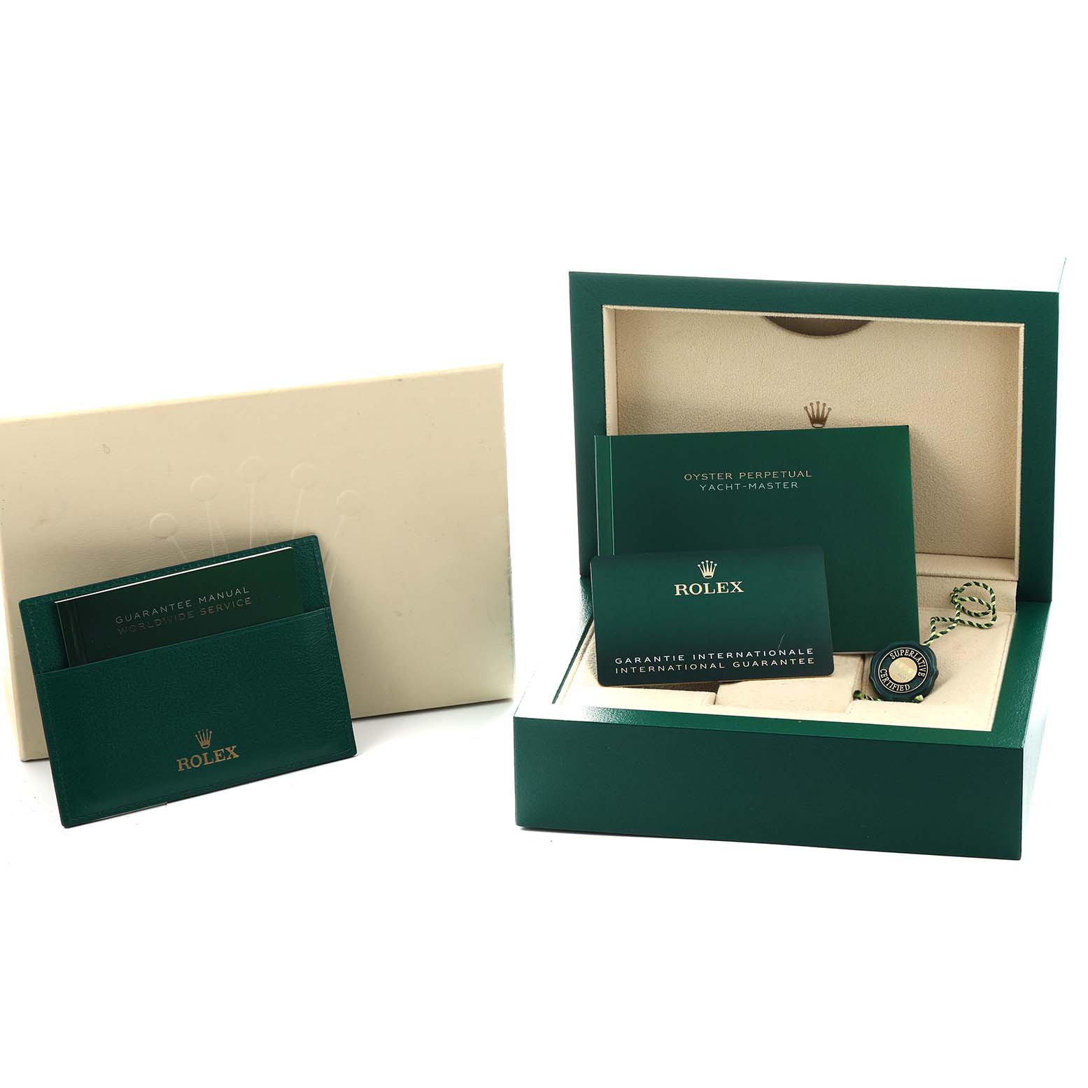 The image shows the Rolex Yacht-Master 126622 Men
s Stainless Steel Silver Dial box set with manuals and a guarantee card in a presentation box.