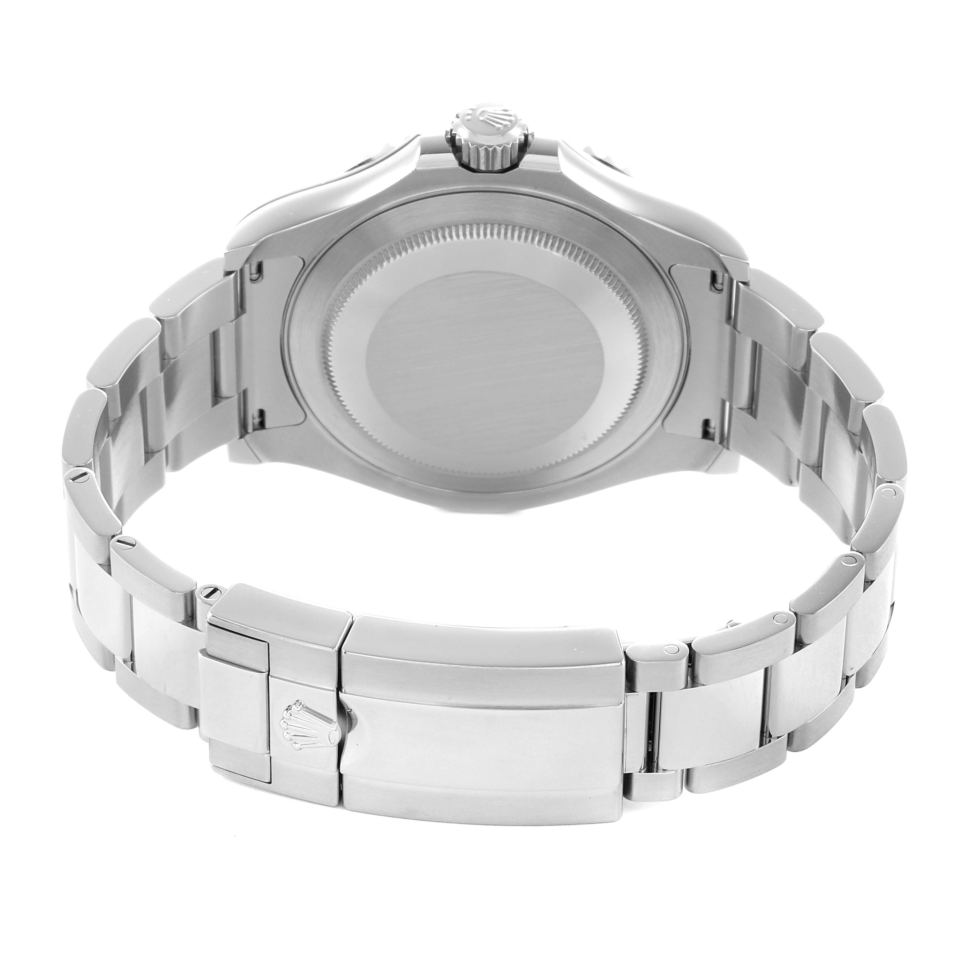 The image shows the Rolex Yacht-Master 126622 Men
s Stainless Steel Silver Dial watch from a rear angle, highlighting the case back and bracelet clasp.