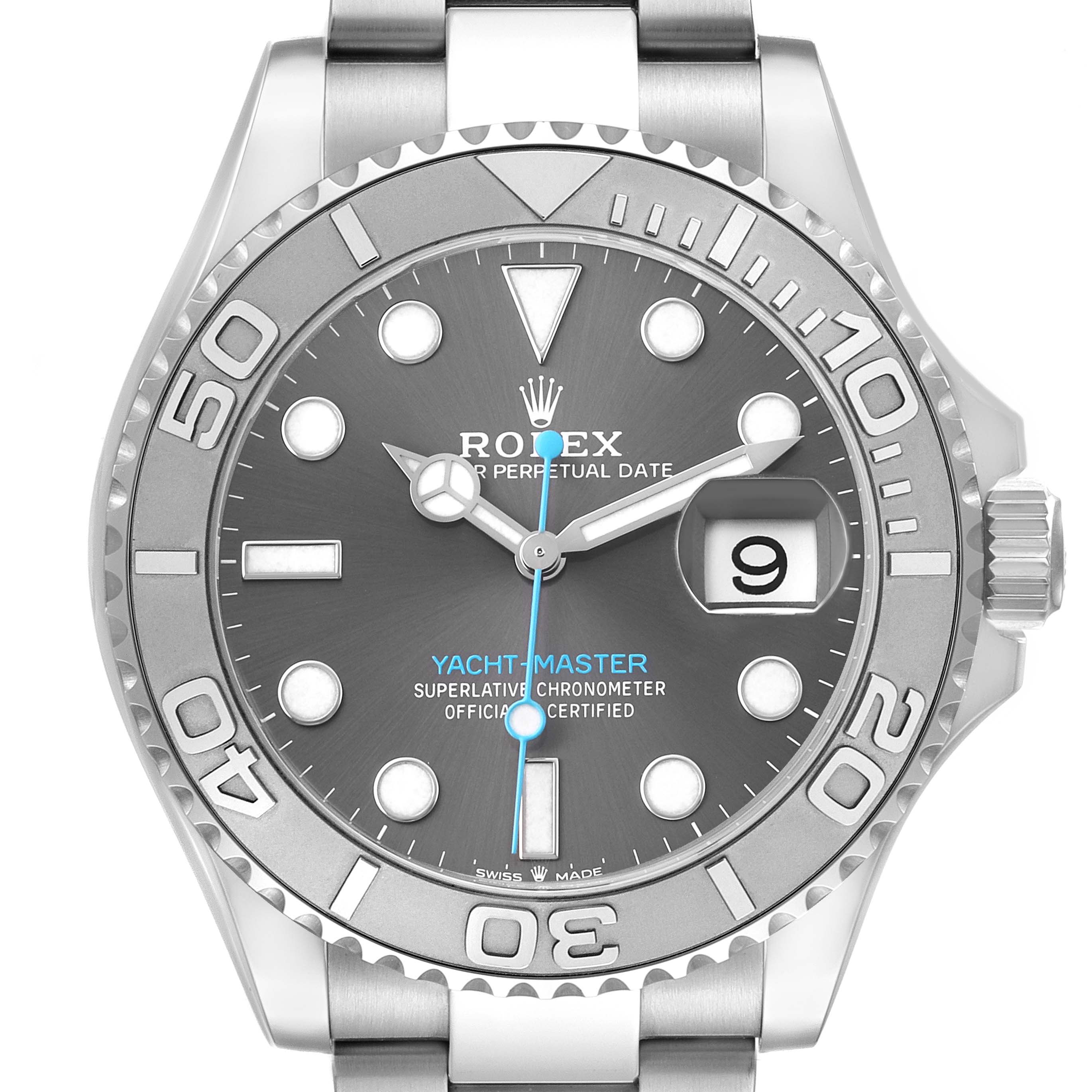 The image shows a front view of the Rolex Yacht-Master 126622 Men
s Stainless Steel Silver Dial watch, highlighting the bezel, dial, hands, and date window.