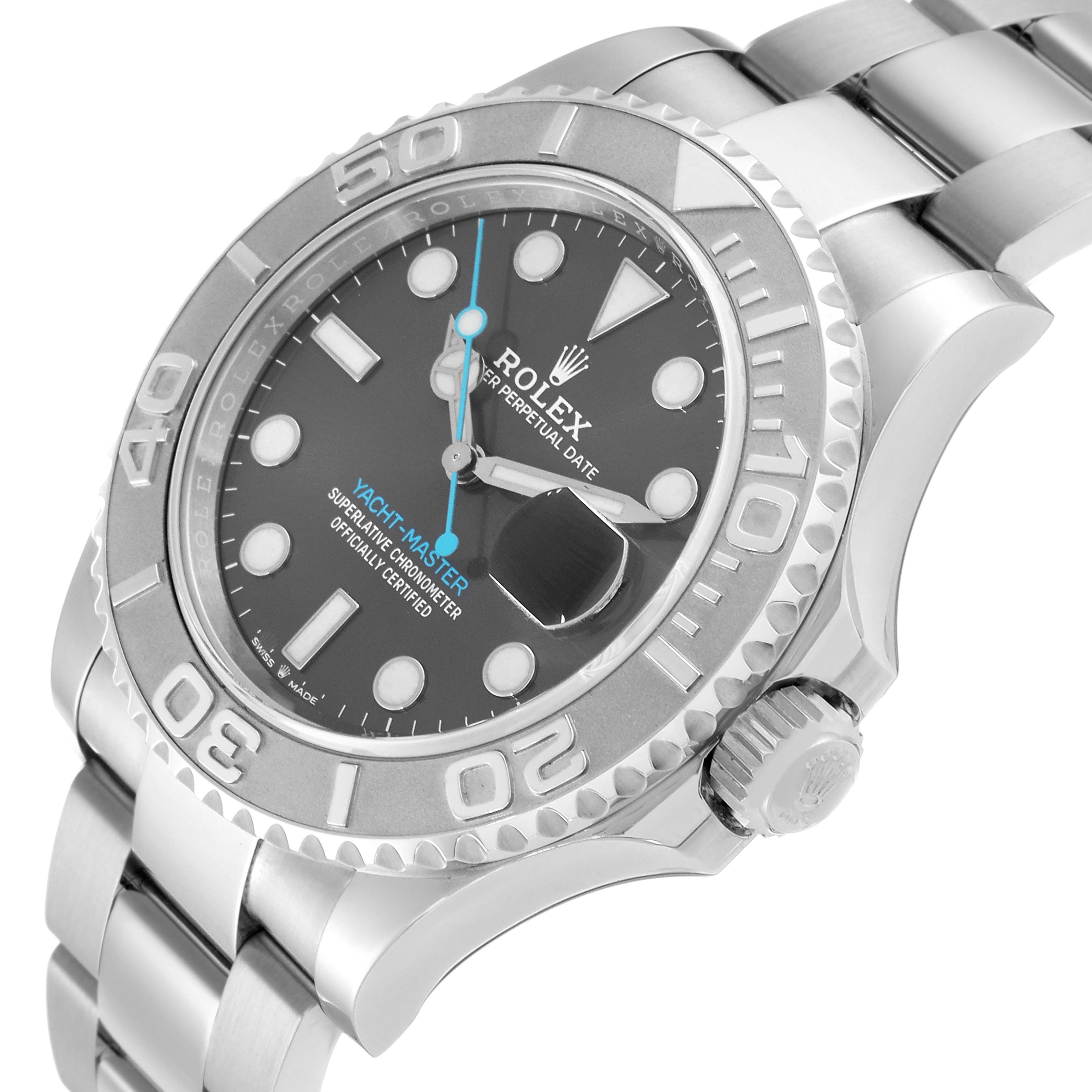 The Rolex Yacht-Master 126622 Men
s Stainless Steel Silver Dial watch is shown at an angled side view, highlighting the bezel, dial, crown, and bracelet.