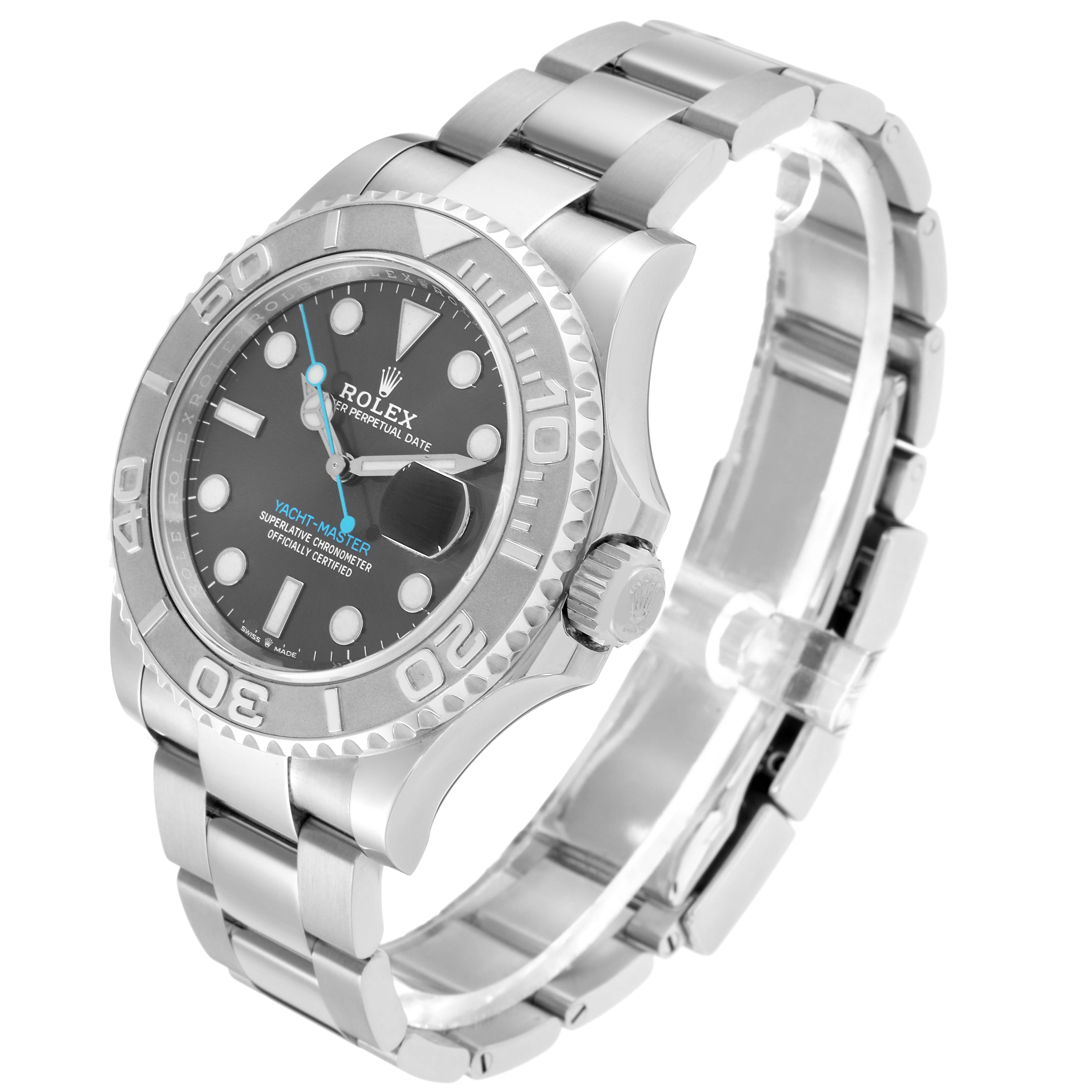 The Rolex Yacht-Master 126622 Men
s Stainless Steel Silver Dial watch is shown at an angled view displaying the face, bezel, crown, and bracelet.