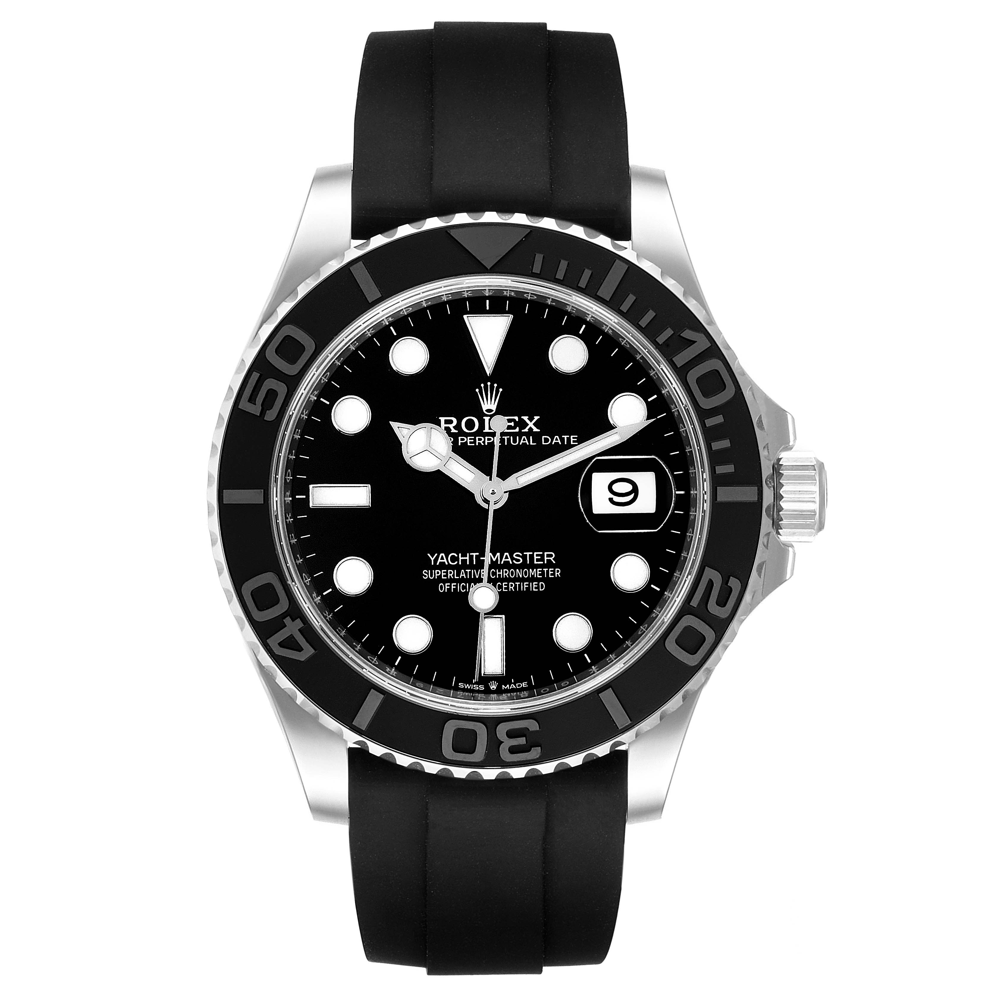 The image shows a front view of the Rolex Yacht-Master 226659 Men
s White Gold Black Dial 226659 Men
s White Gold Black Dial watch, highlighting its dial, bezel, and crown.