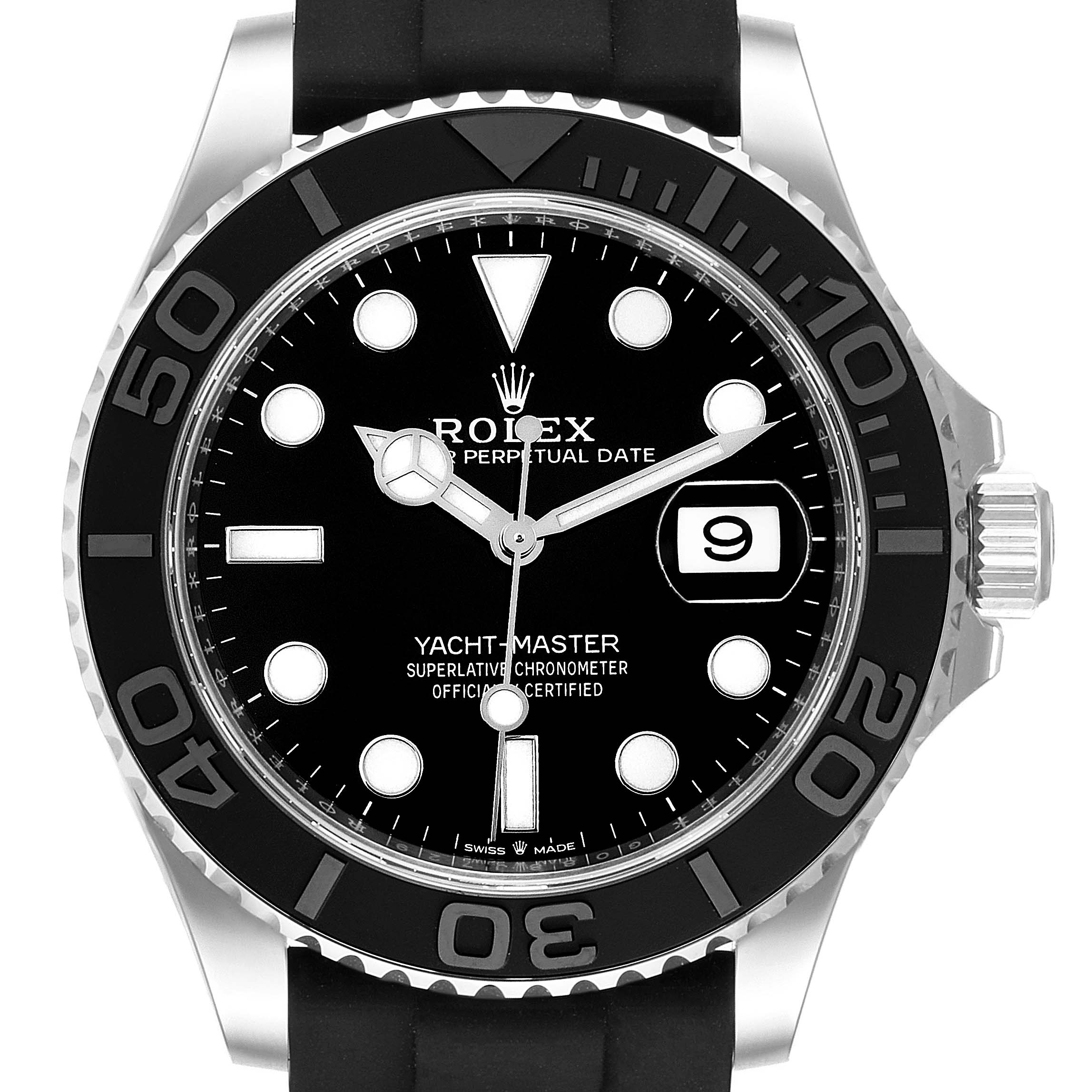 The Rolex Yacht-Master 226659 Men
s White Gold Black Dial 226659 Men
s White Gold Black Dial watch is shown from the front, displaying its black dial, bezel, crown, and rubber strap.