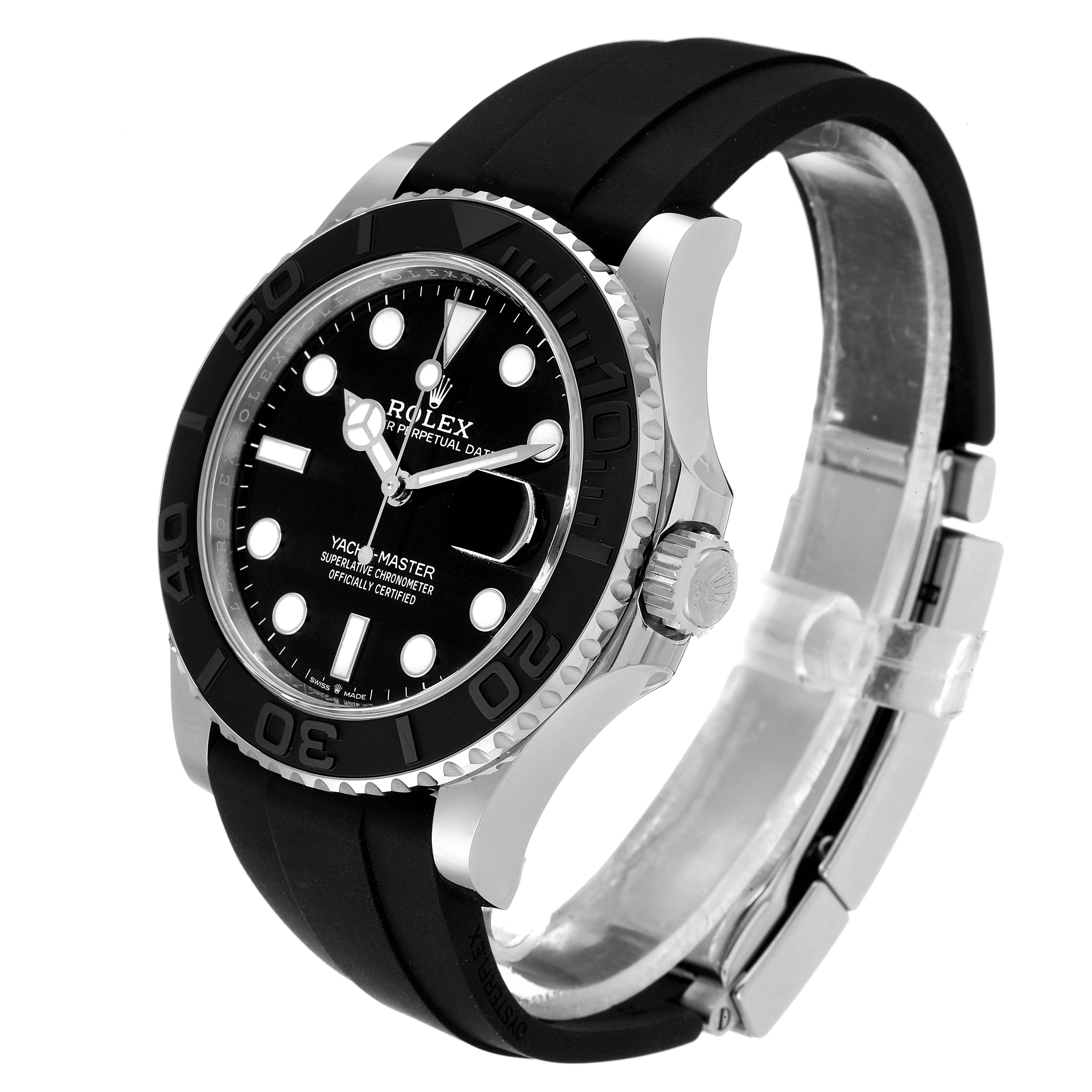 The image shows a side angle of the Rolex Yacht-Master 226659 Men
s White Gold Black Dial 226659 Men
s White Gold Black Dial watch, featuring its bezel, dial, crown, and black rubber strap.