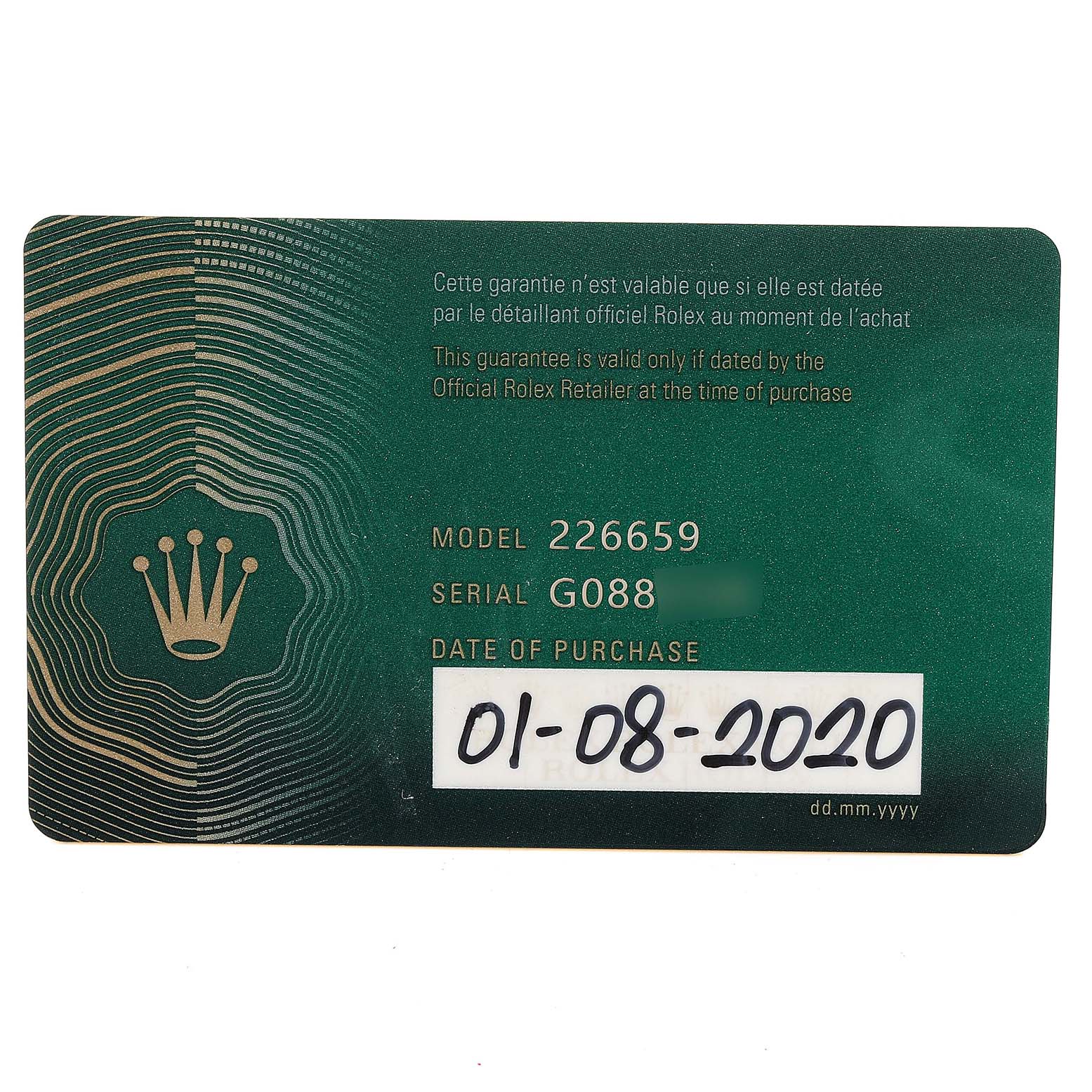 This image shows the guarantee card for a Rolex Yacht-Master 226659 Men
s White Gold Black Dial 226659 Men
s White Gold Black Dial watch, with model 226659 and the purchase date 01-08-2020.