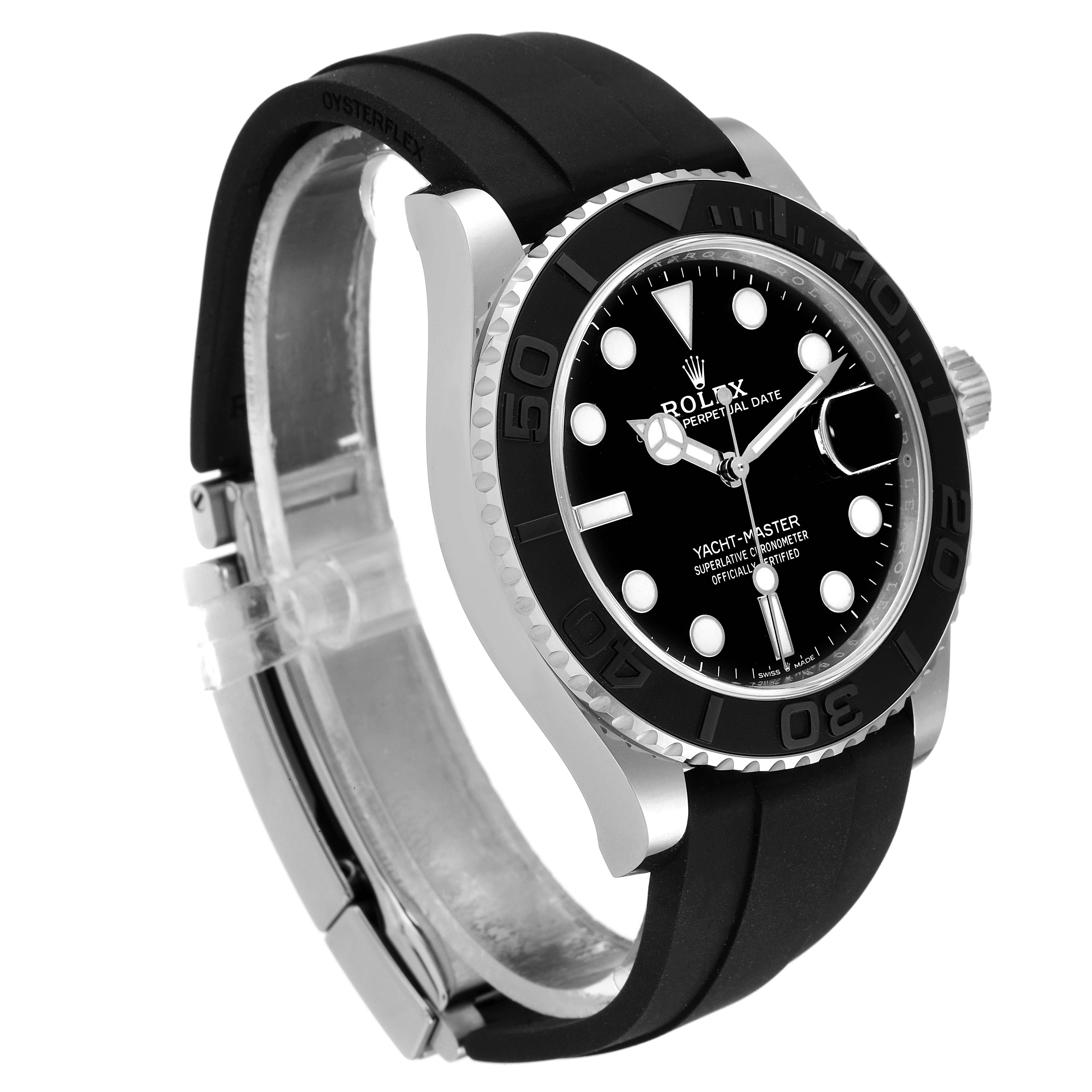 The Rolex Yacht-Master 226659 Men
s White Gold Black Dial 226659 Men
s White Gold Black Dial watch is shown at an angle displaying the face, bezel, crown, and rubber strap.