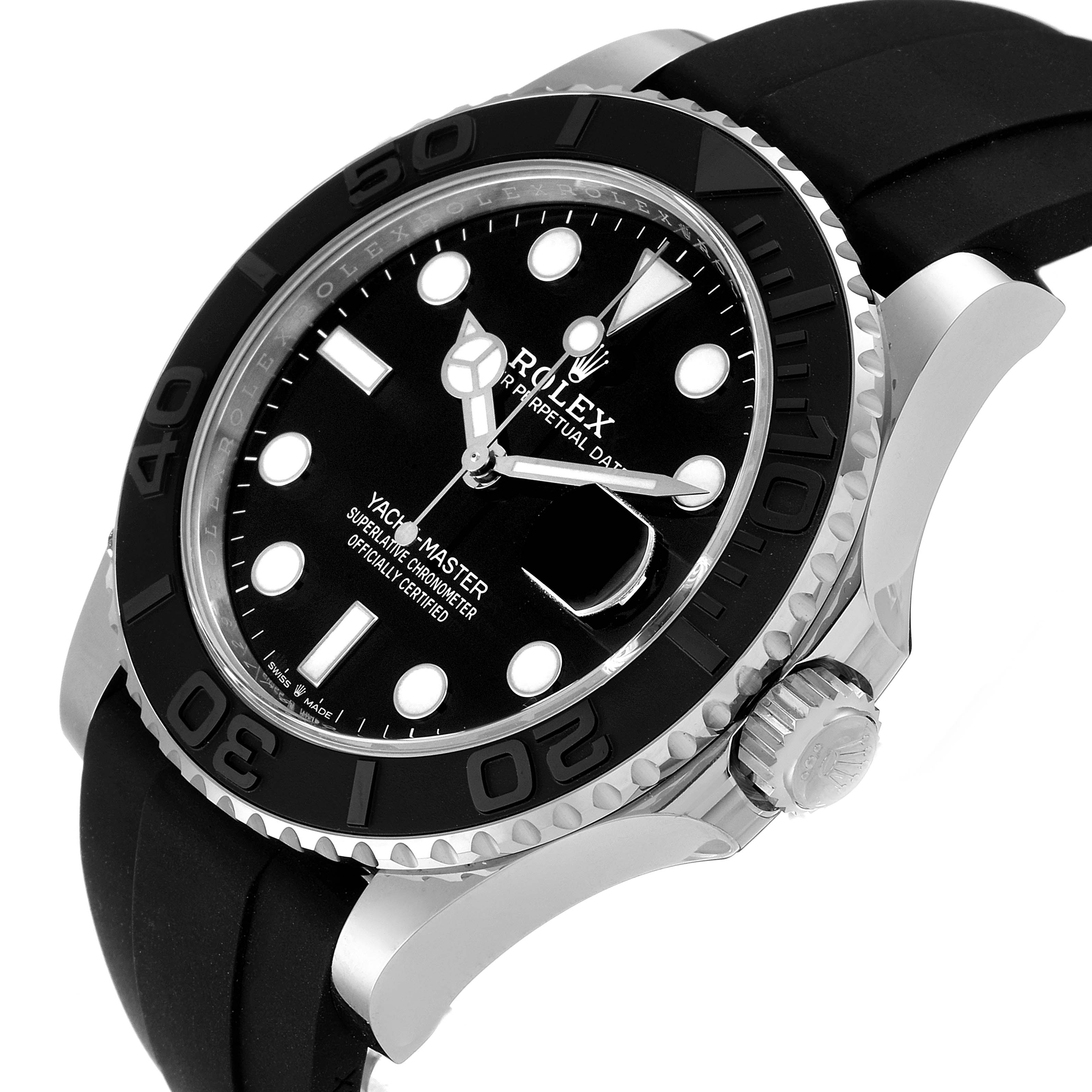 This image shows a Rolex Yacht-Master 226659 Men
s White Gold Black Dial 226659 Men
s White Gold Black Dial watch at an angle highlighting the black dial, bezel, crown, and part of the strap.