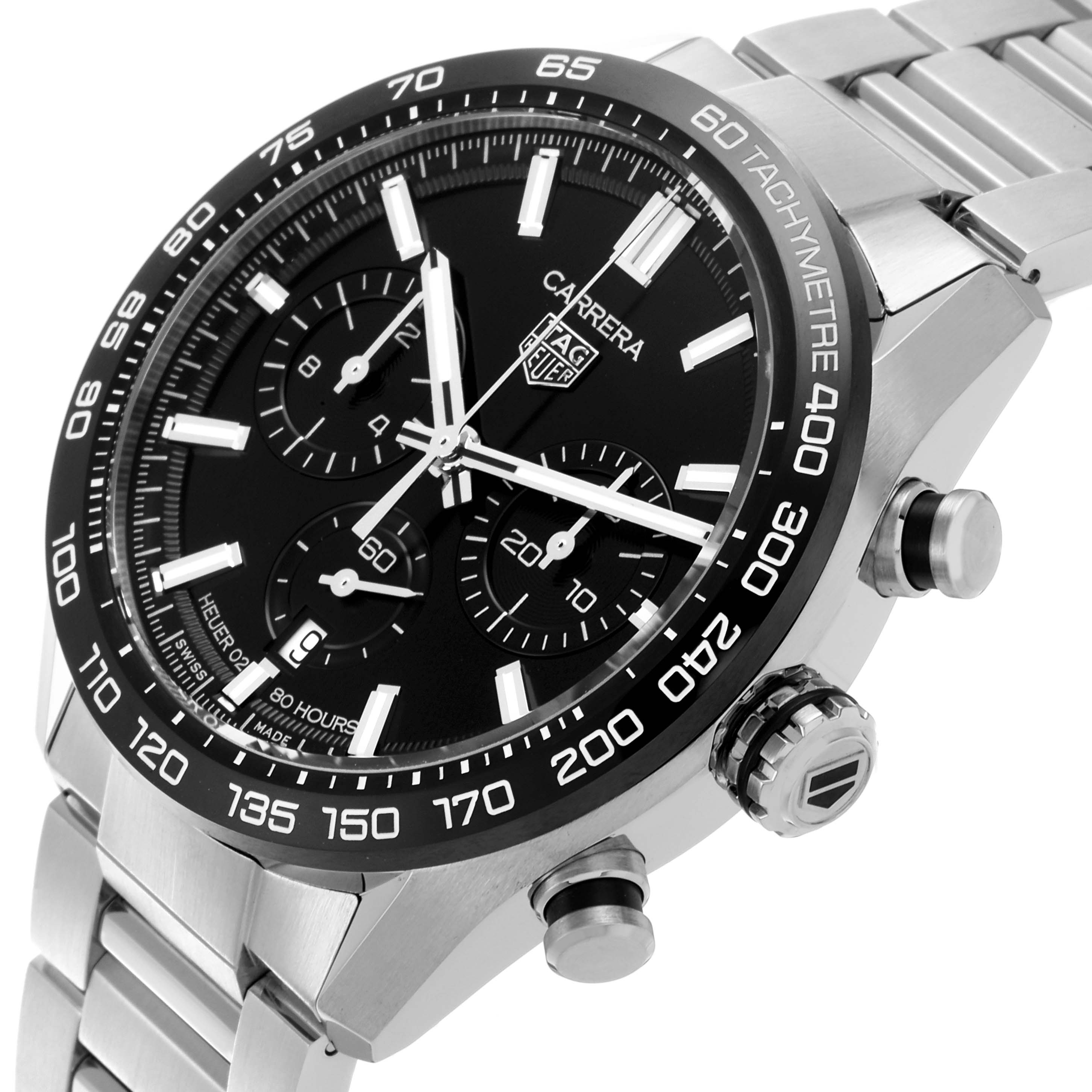 The Tag Heuer Carrera CBN2A1B.BA0643 Men's Stainless Steel Black Dial CBN2A1B.BA0643 Men's Stainless Steel Black Dial is shown at a three-quarter angle, highlighting the dial, bezel, lugs, and stainless steel bracelet.