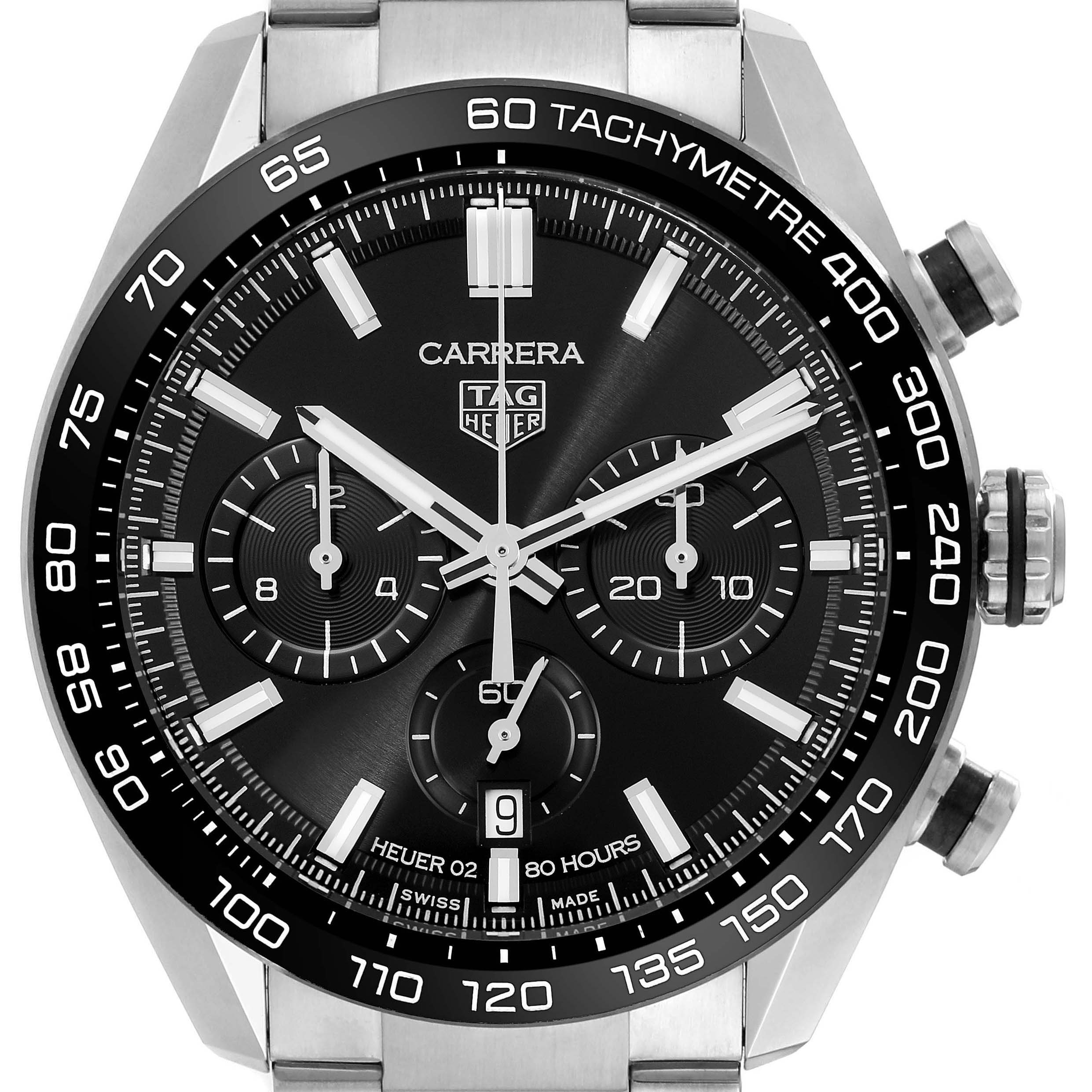 The Tag Heuer Carrera CBN2A1B.BA0643 Men's Stainless Steel Black Dial CBN2A1B.BA0643 Men's Stainless Steel Black Dial is shown from the front, highlighting the dial, tachymeter bezel, chronograph subdials, and crown.
