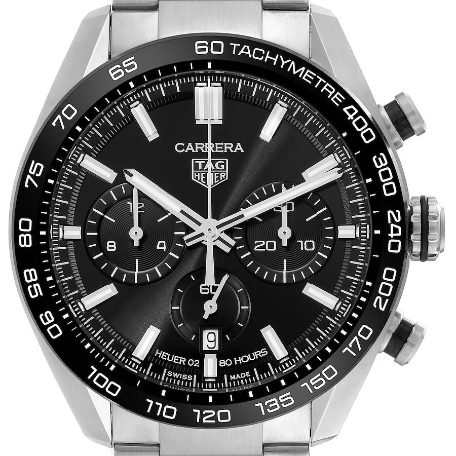 The Tag Heuer Carrera is shown from the front, highlighting the dial, tachymeter bezel, chronograph subdials, and crown.