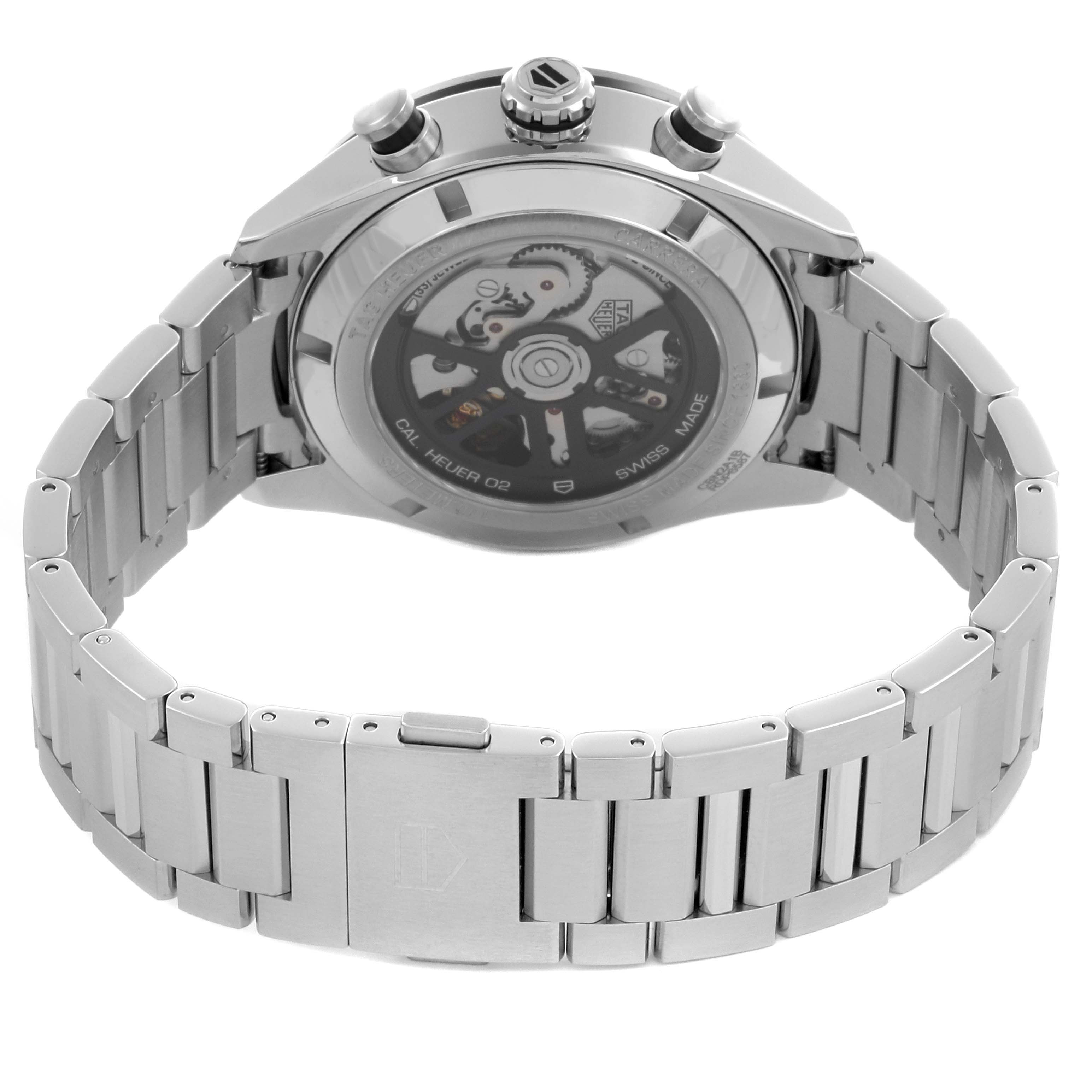 The Tag Heuer Carrera CBN2A1B.BA0643 Men's Stainless Steel Black Dial CBN2A1B.BA0643 Men's Stainless Steel Black Dial watch is shown from the back, highlighting the exhibition case back and metal bracelet.