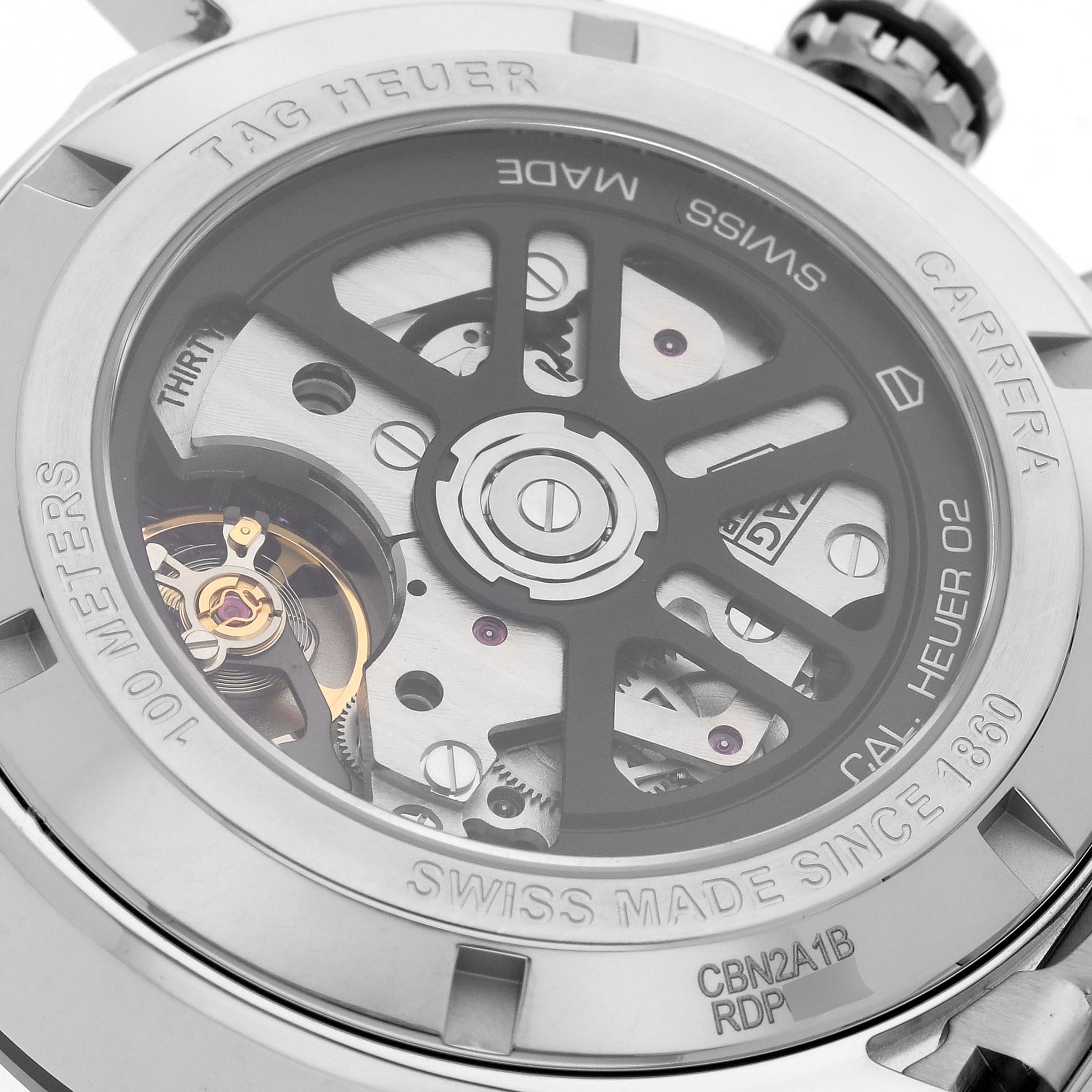 The image shows the back view of the Tag Heuer Carrera CBN2A1B.BA0643 Men's Stainless Steel Black Dial CBN2A1B.BA0643 Men's Stainless Steel Black Dial watch, highlighting the exposed movement and branding.