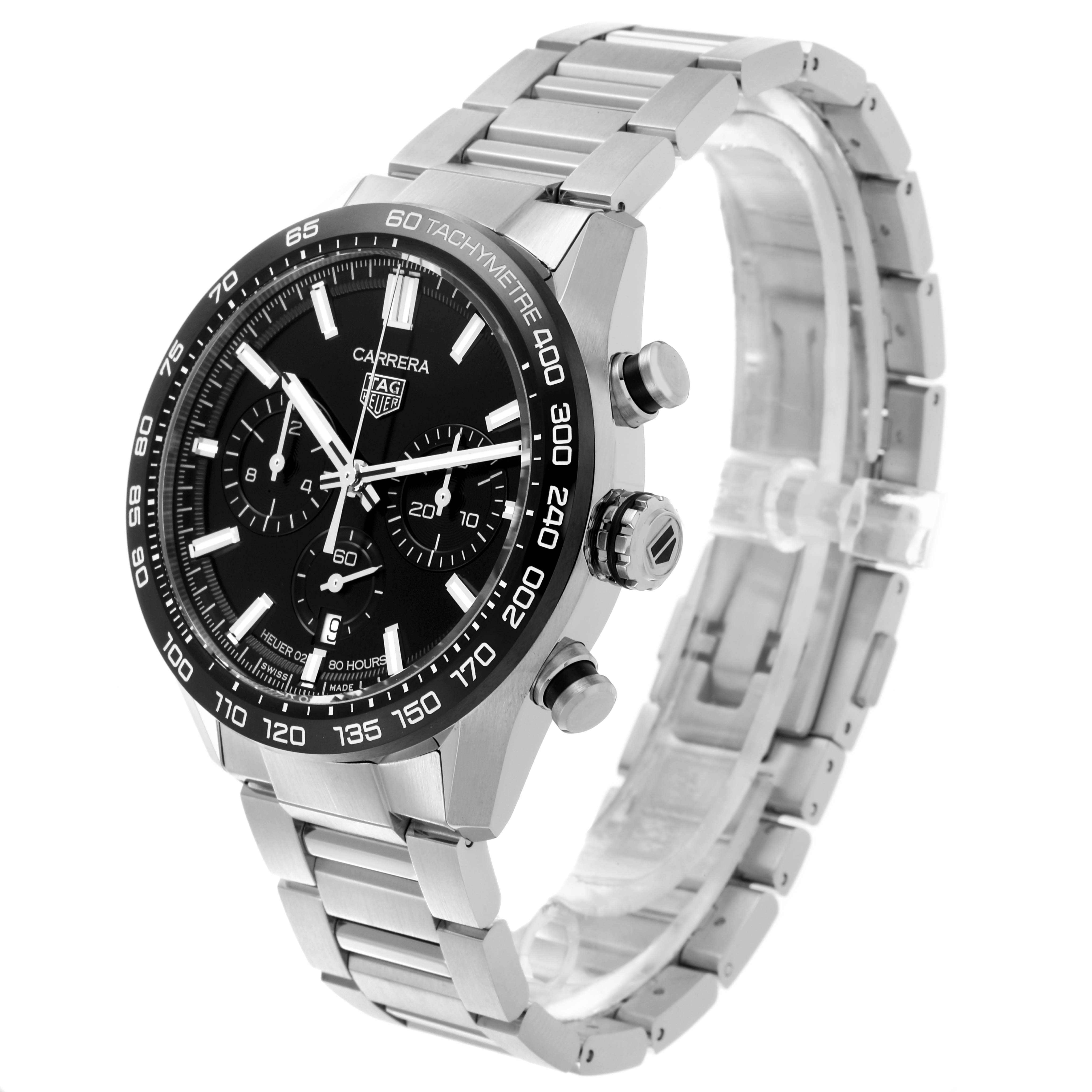 The image shows a side view of the Tag Heuer Carrera CBN2A1B.BA0643 Men's Stainless Steel Black Dial CBN2A1B.BA0643 Men's Stainless Steel Black Dial watch, highlighting the dial, bezel, crown, pushers, and bracelet.