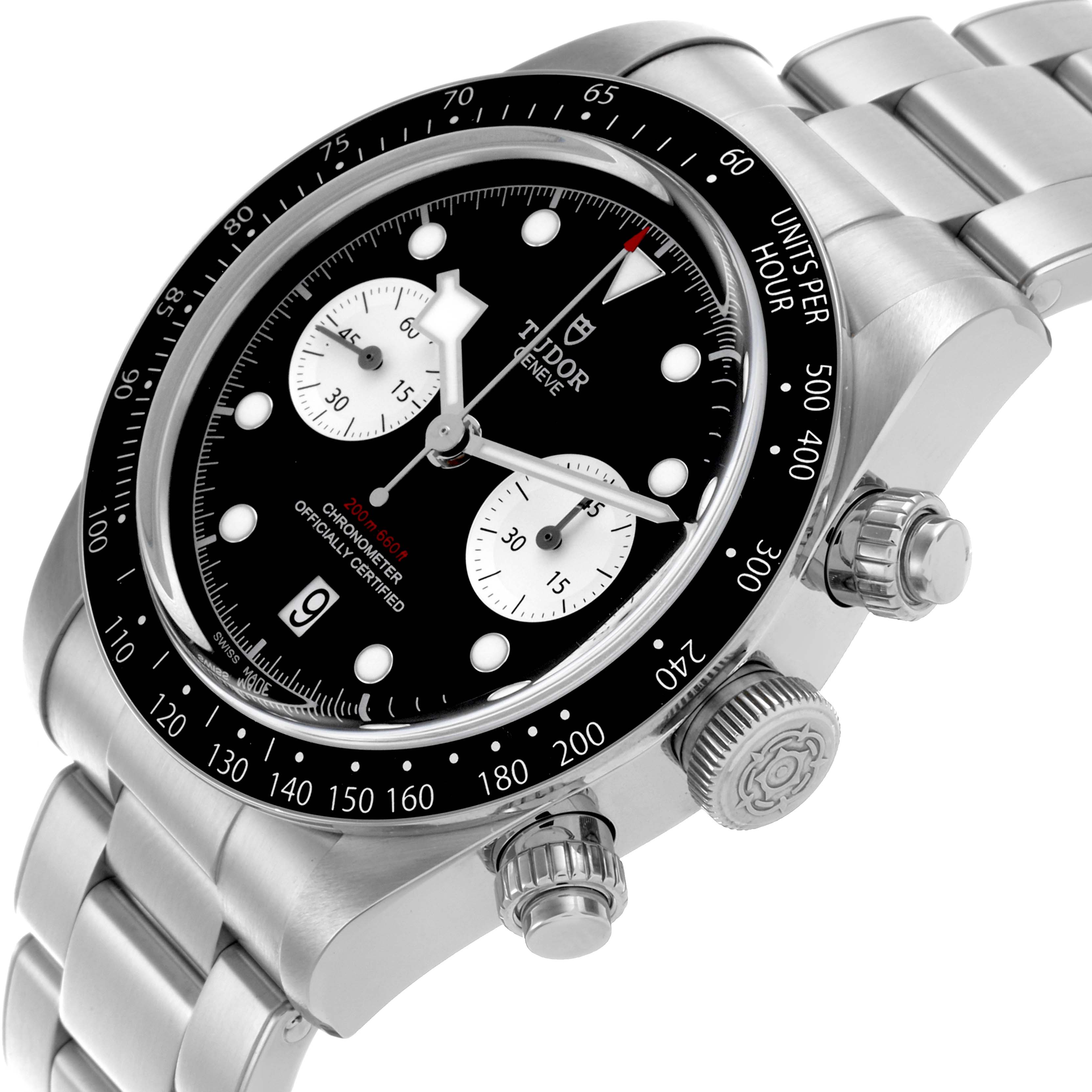 The Tudor Heritage Chrono 79360N-0001 Men
s Stainless Steel Black Dial 79360N-0001 Men
s Stainless Steel Black Dial watch is shown at an angle highlighting the bezel, dial, crown, and part of the bracelet.