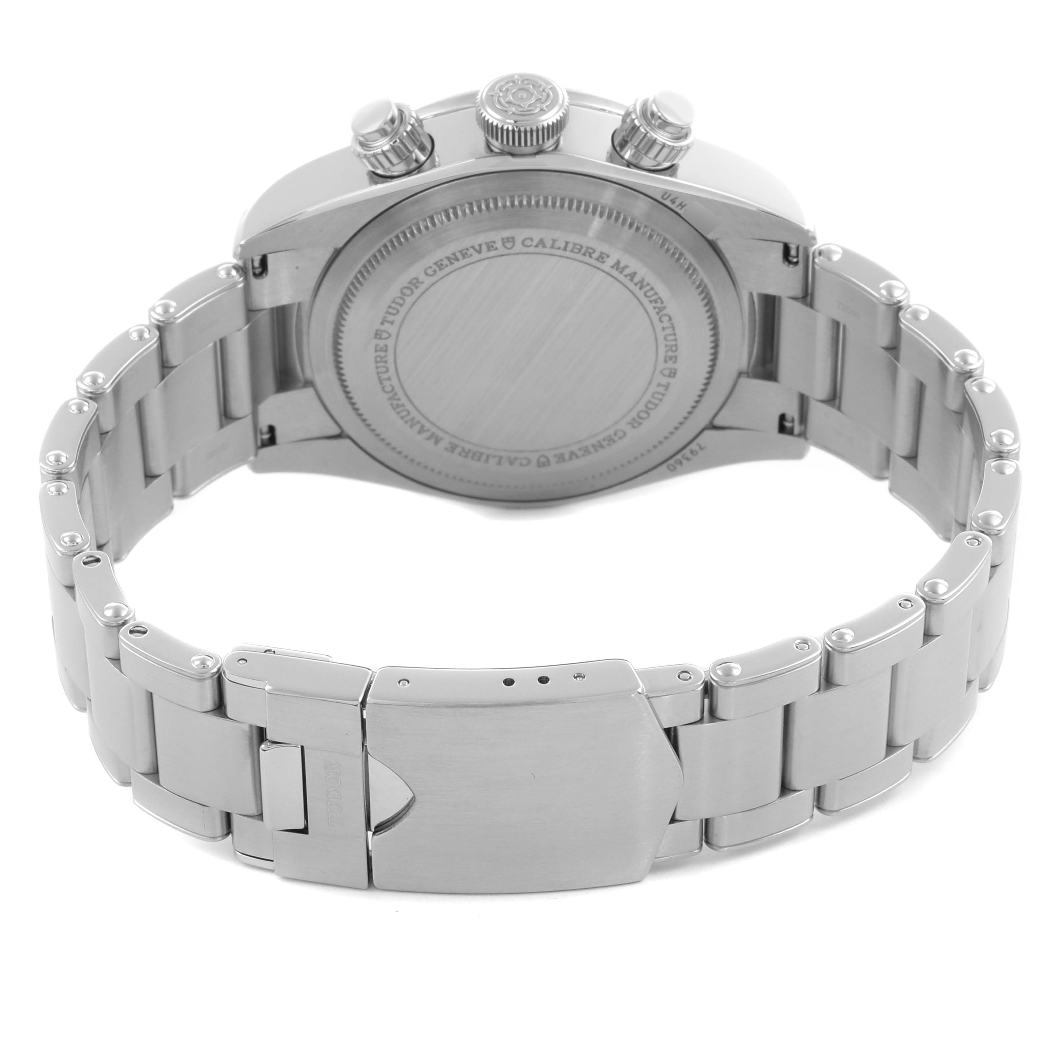 The image shows the back and clasp of the Tudor Heritage Chrono 79360N-0001 Men
s Stainless Steel Black Dial 79360N-0001 Men
s Stainless Steel Black Dial watch at a rear angle.