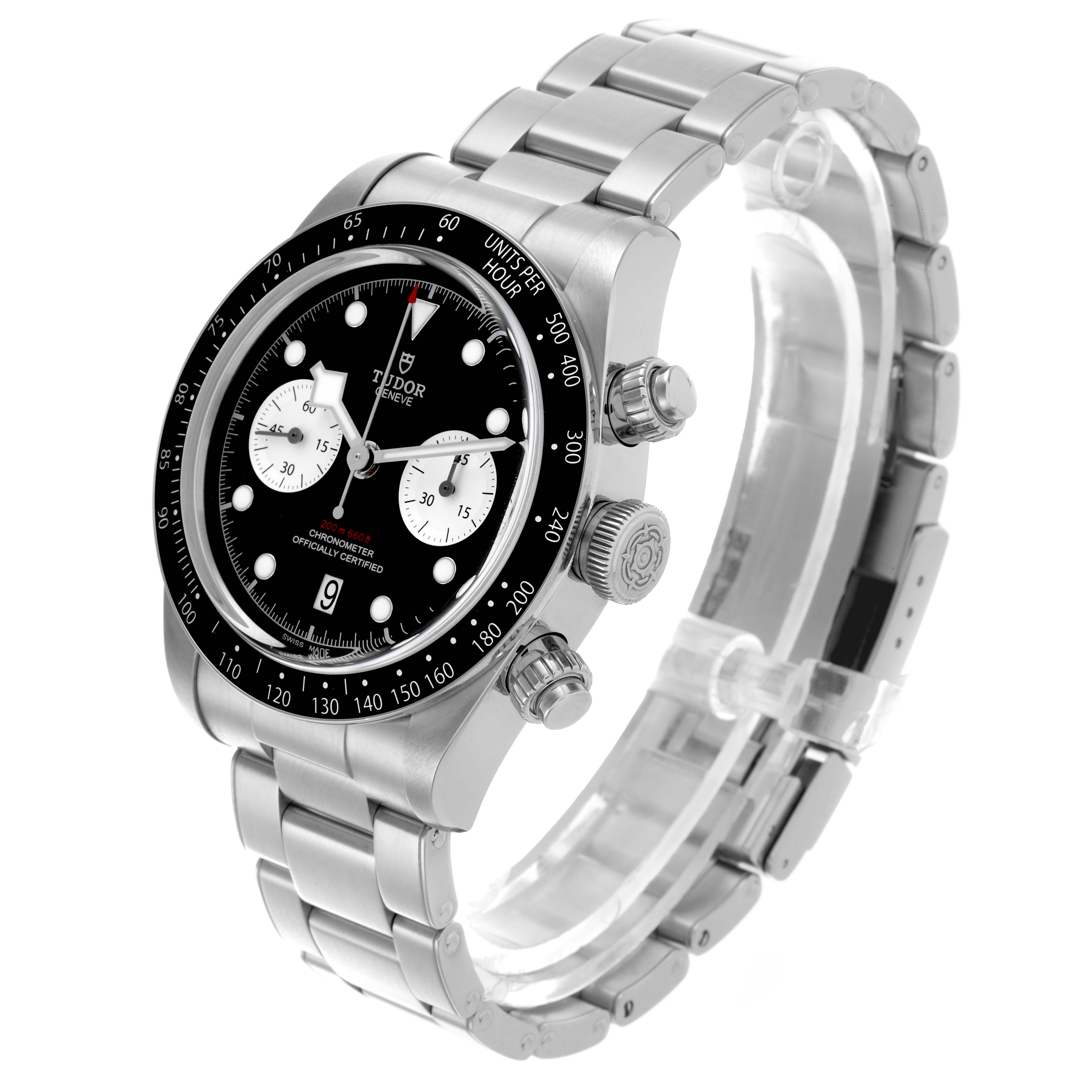 The Tudor Heritage Chrono 79360N-0001 Men
s Stainless Steel Black Dial 79360N-0001 Men
s Stainless Steel Black Dial watch is shown from a three-quarter angle, highlighting its bezel, dial, bracelet, and pushers.