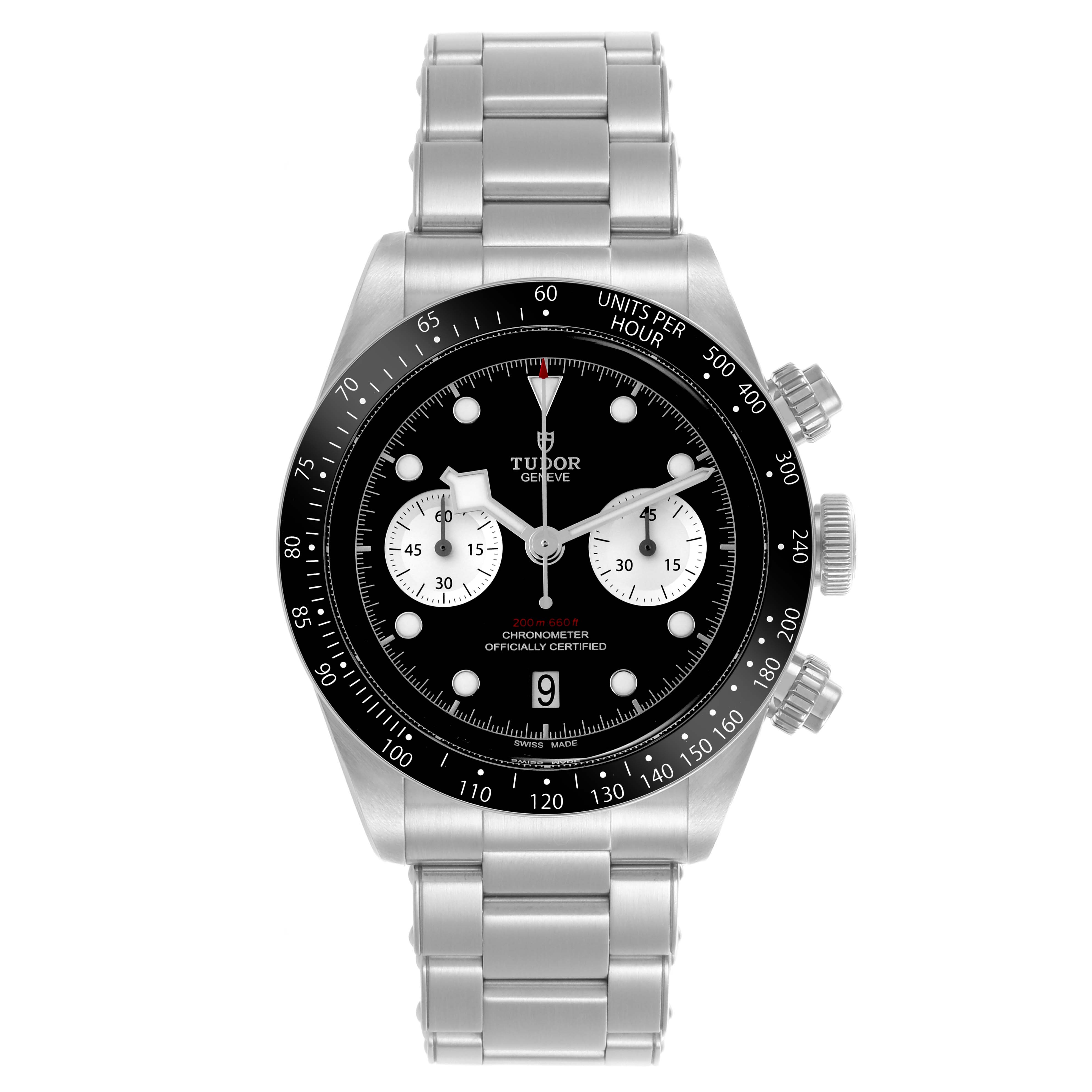 The image shows a front view of the Tudor Heritage Chrono 79360N-0001 Men
s Stainless Steel Black Dial 79360N-0001 Men
s Stainless Steel Black Dial watch, highlighting the dial, bezel, and bracelet.