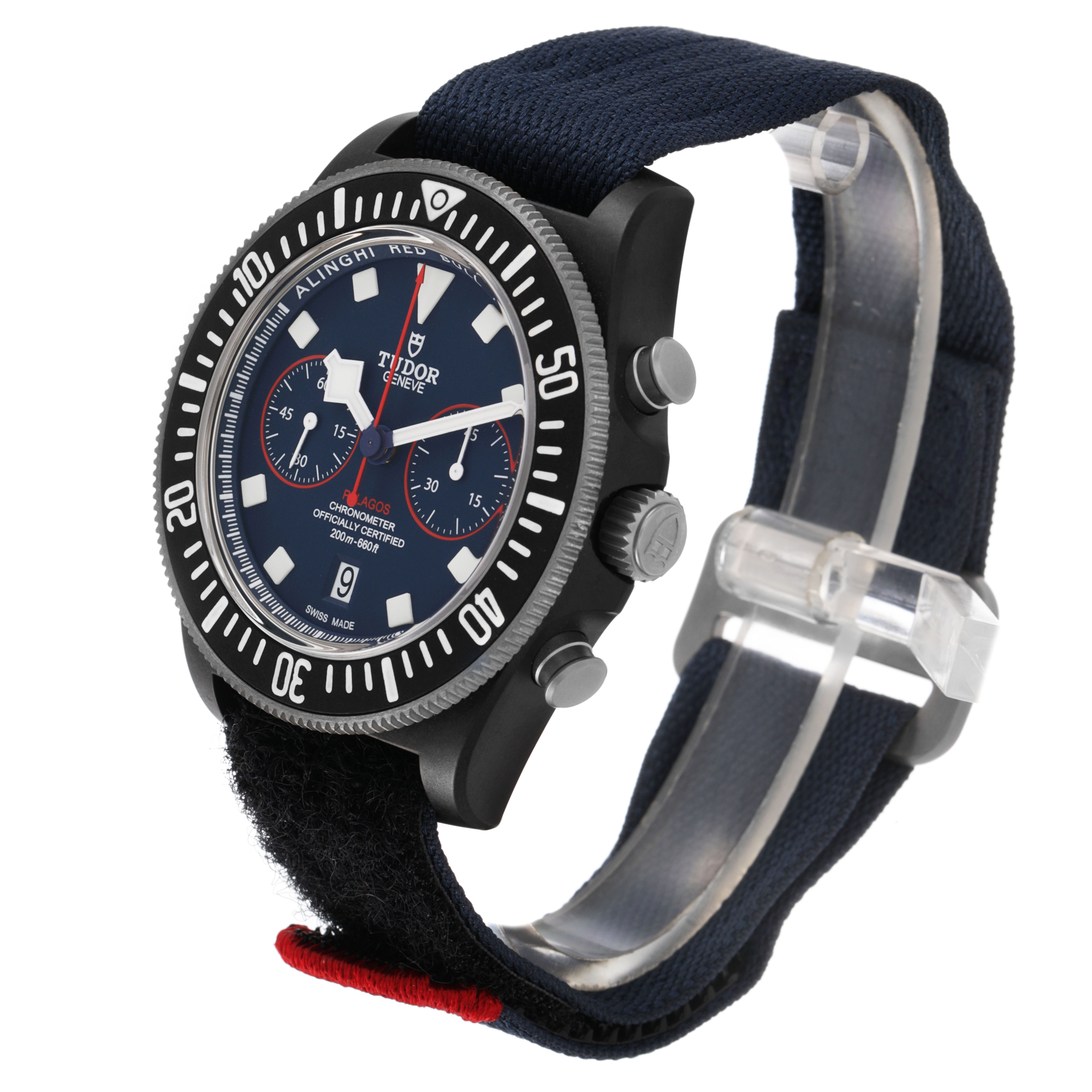 The Tudor Pelagos 25807 Men's Ceramic Blue Dial watch is shown from a front-left angle, displaying the face, bezel, crown, and blue strap.
