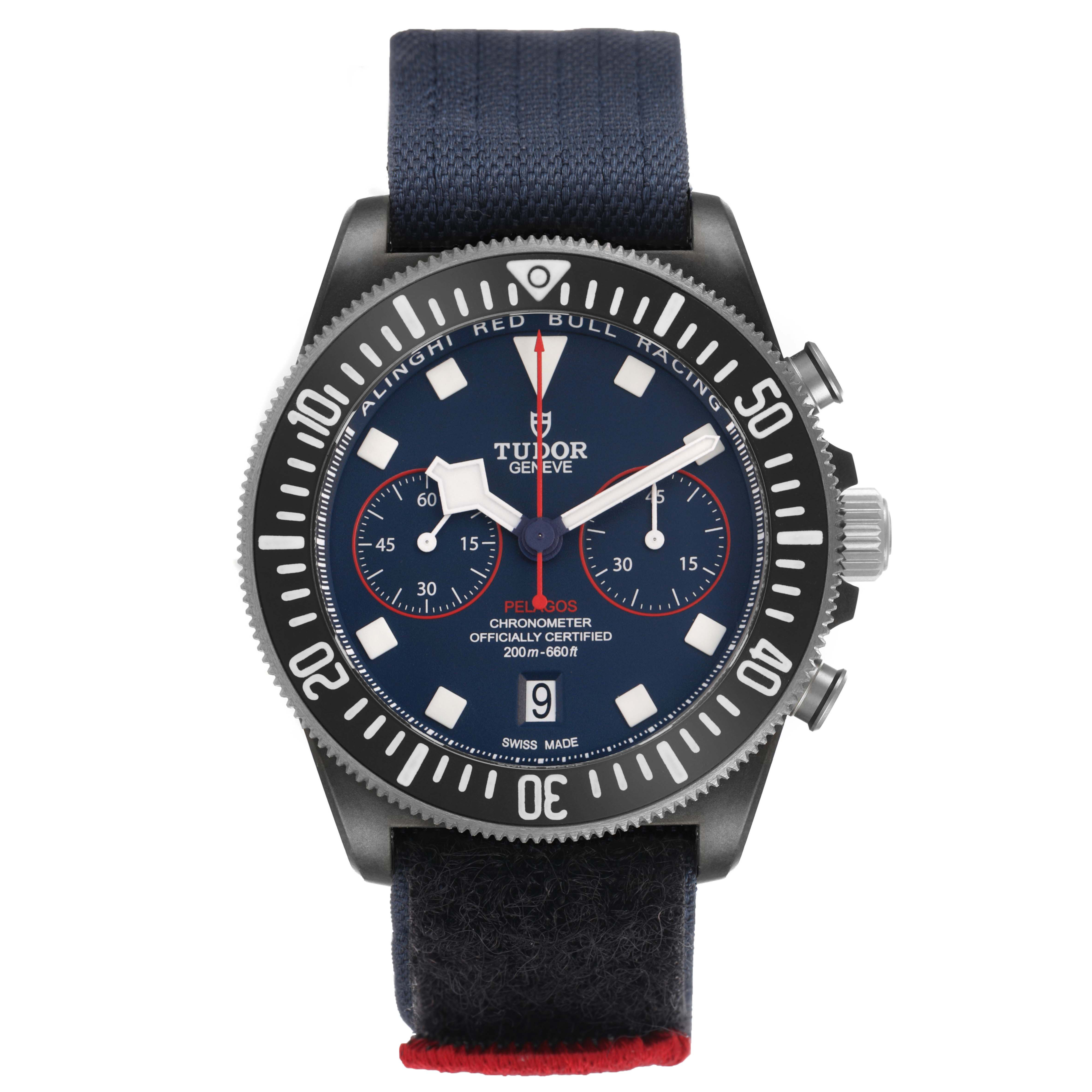 The Tudor Pelagos 25807 Men's Ceramic Blue Dial watch is shown from the front, displaying its bezel, dial, markers, crown, and strap.