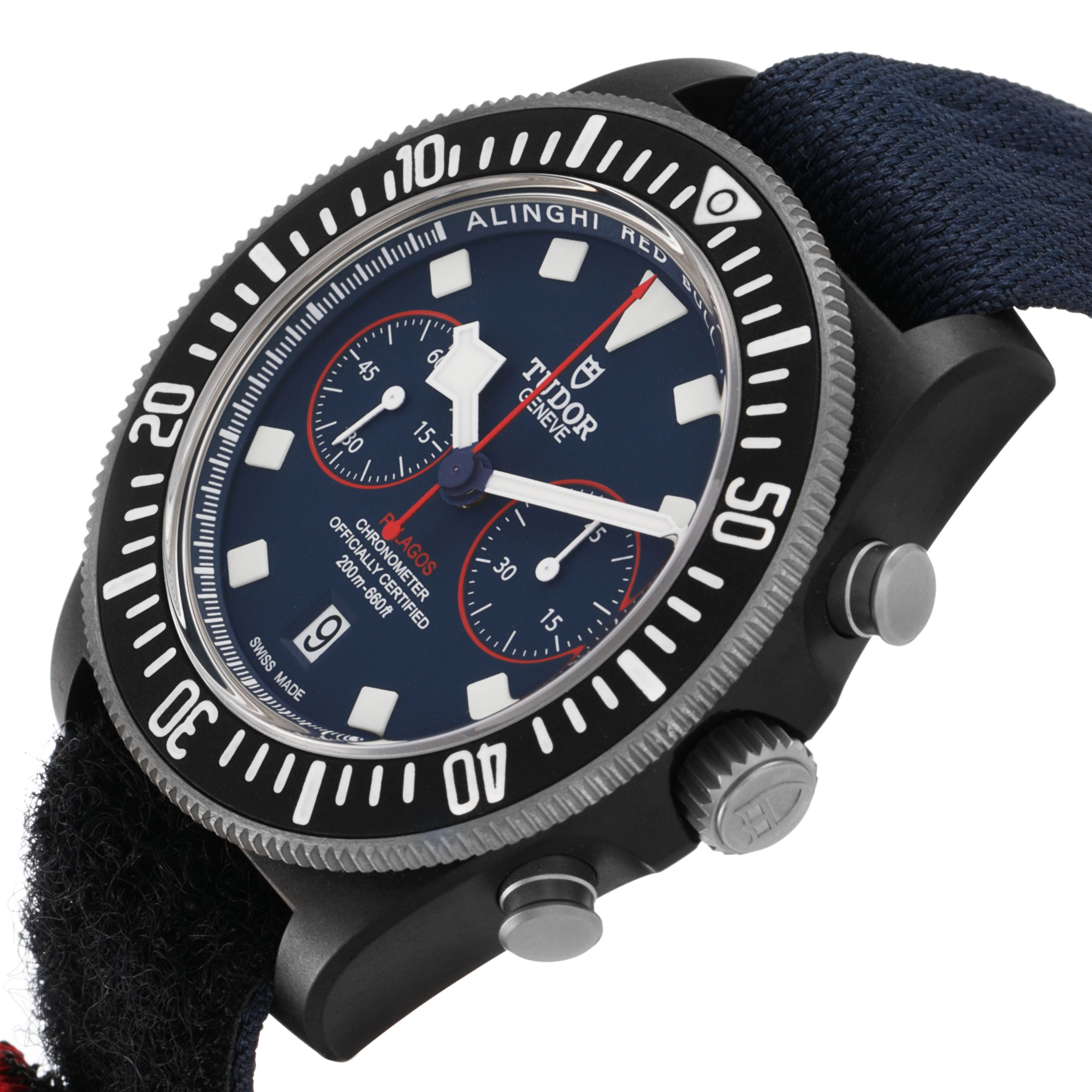 The Tudor Pelagos 25807 Men's Ceramic Blue Dial watch is angled to show its face, bezel, crown, and strap in detail.