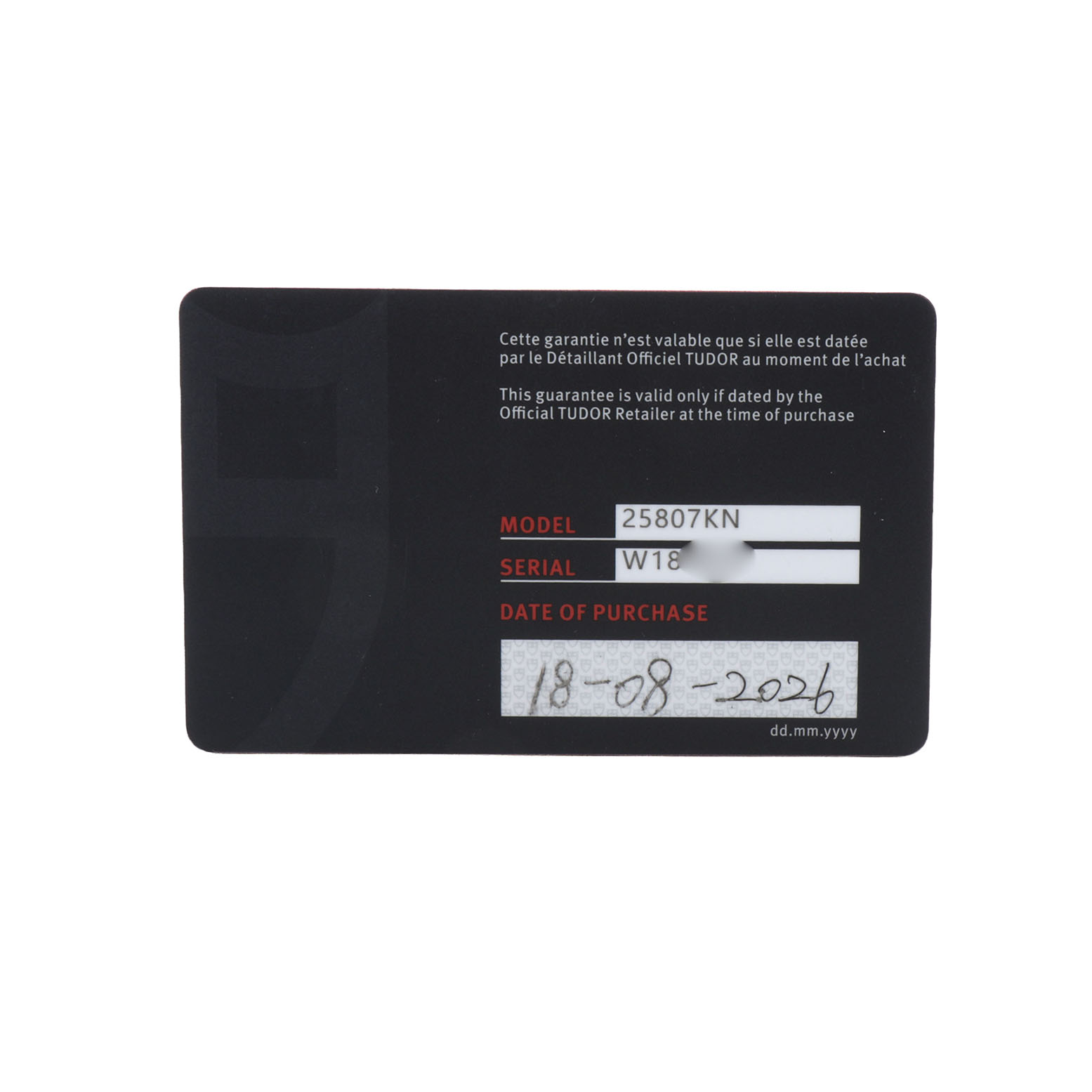 The image shows the warranty card for the Tudor Pelagos 25807 Men's Ceramic Blue Dial watch, listing model and serial number details.