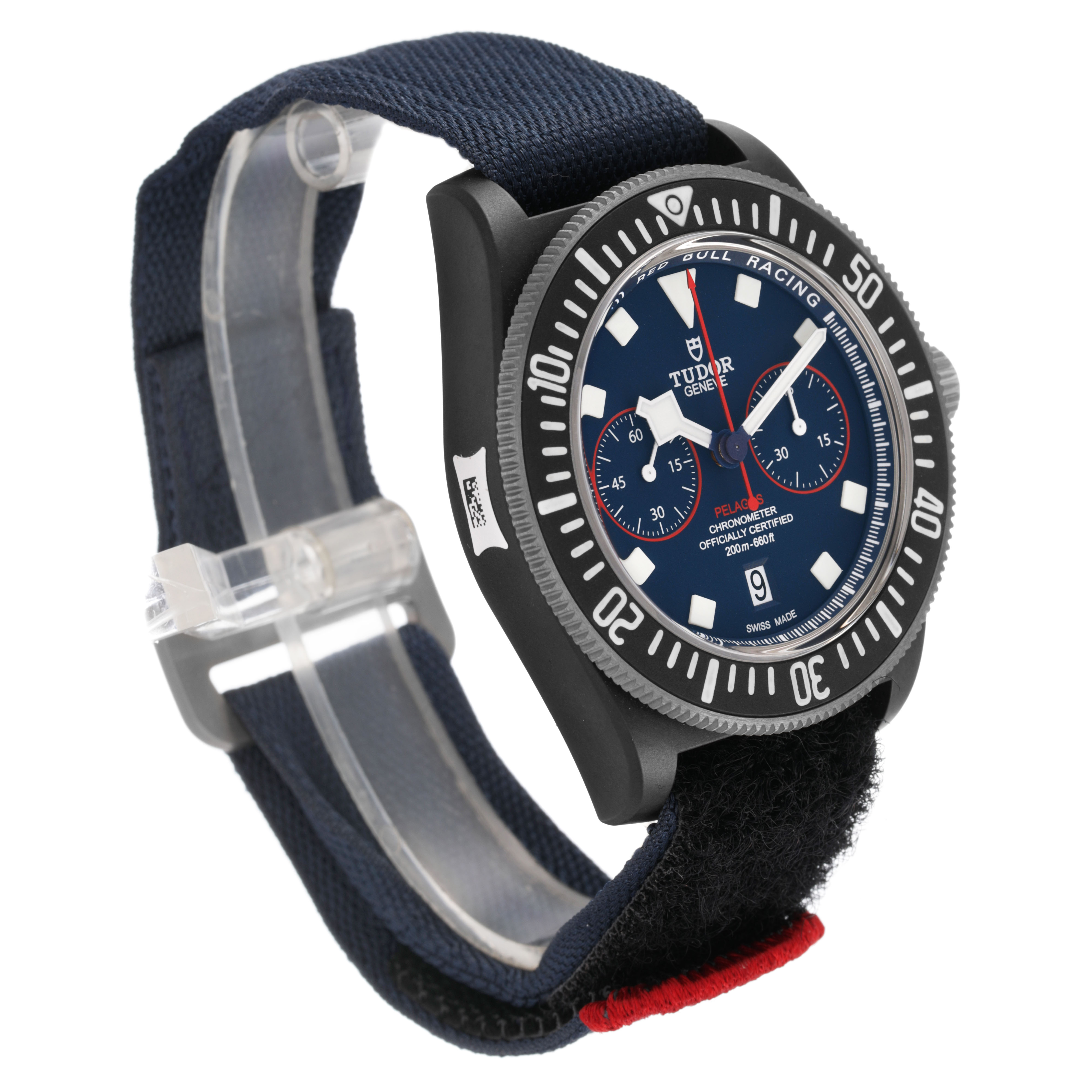 The Tudor Pelagos 25807 Men's Ceramic Blue Dial watch is shown at a three-quarter angle, highlighting the face, bezel, and strap.