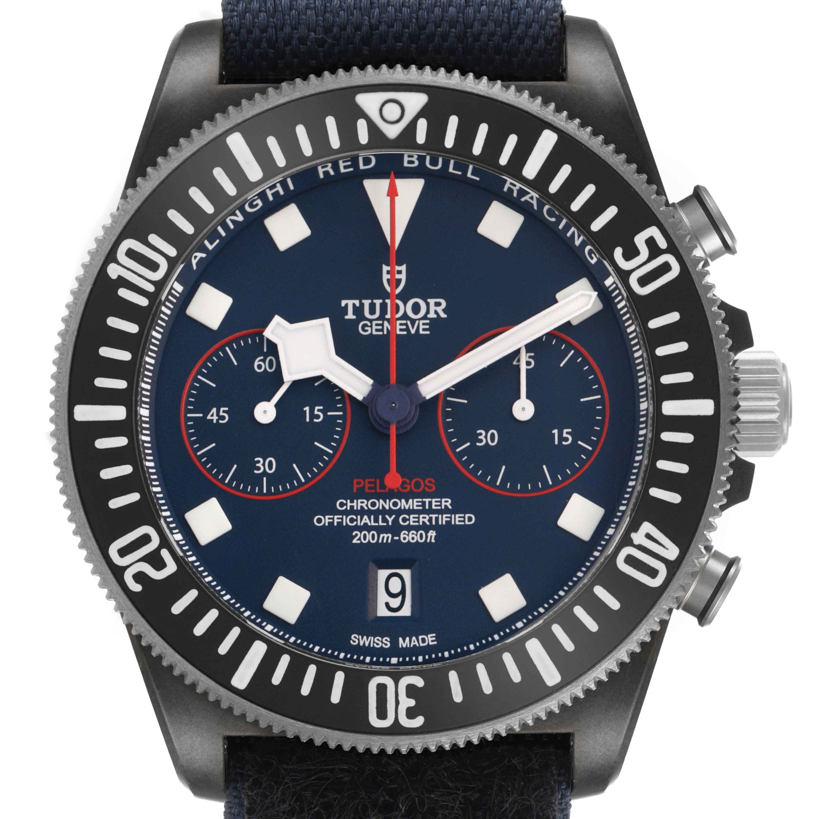 The Tudor Pelagos 25807 Men's Ceramic Blue Dial watch is shown from a front angle, displaying the dial, bezel, crown, and subdials.