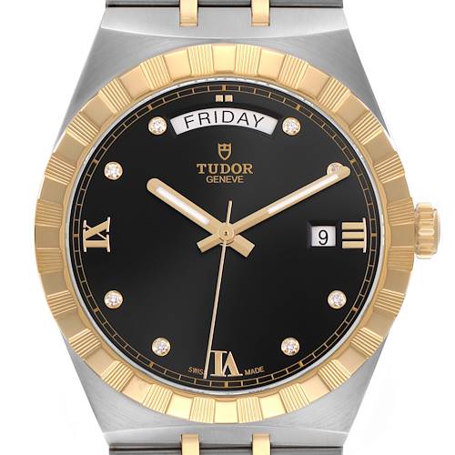 The Tudor Royal 28603 Men's Stainless Steel Black Dial watch is shown from the front, highlighting the dial, bezel, day, and date indicators.