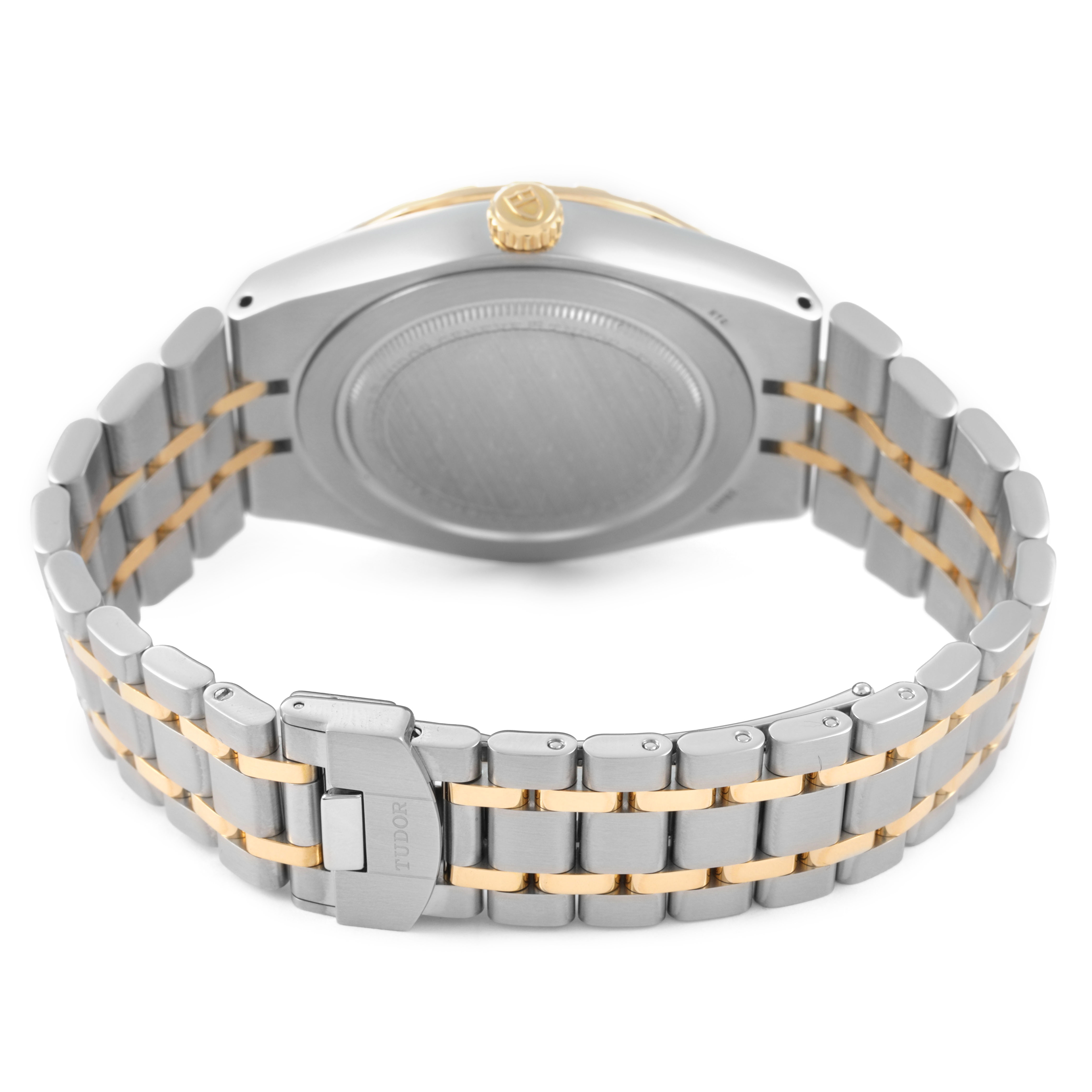The image shows the back and bracelet of a Tudor Royal 28603 Men's Stainless Steel Black Dial watch, including the case back, crown, and two-tone bracelet.