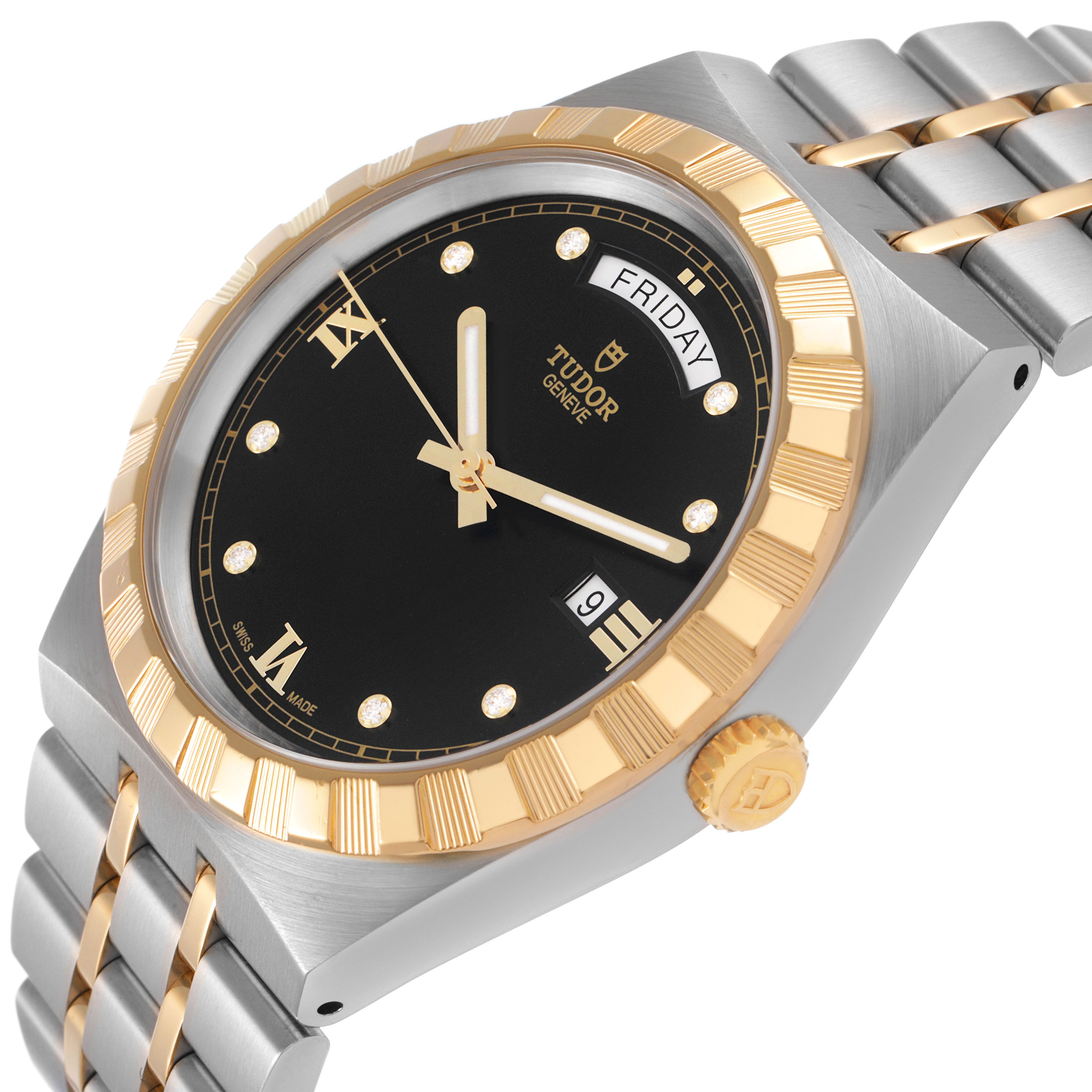 The Tudor Royal 28603 Men's Stainless Steel Black Dial watch is shown at a three-quarters angle highlighting the black dial, gold bezel, and two-tone bracelet.