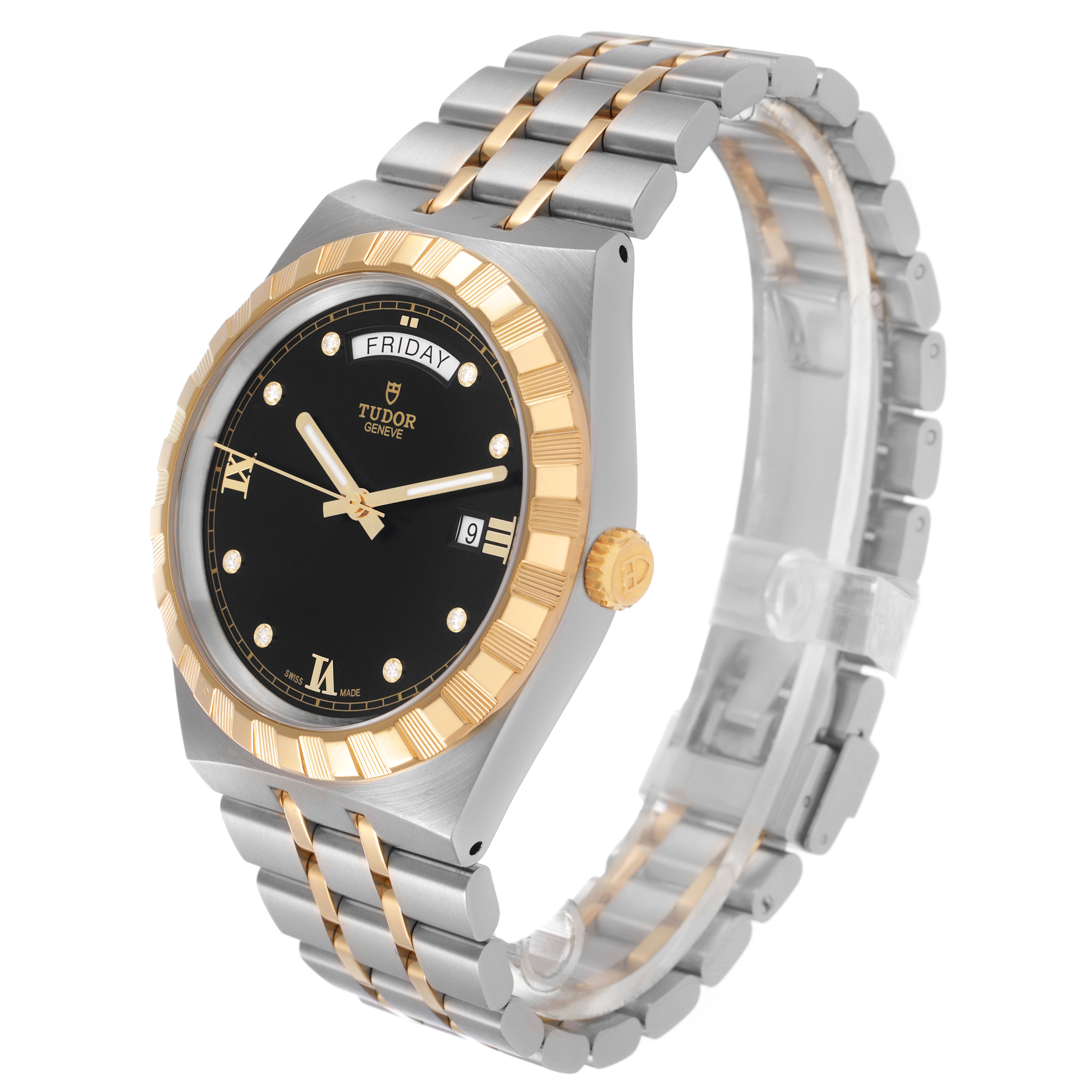 The Tudor Royal 28603 Men's Stainless Steel Black Dial watch is shown at a three-quarter angle, highlighting its two-tone bracelet, black dial, and gold bezel.