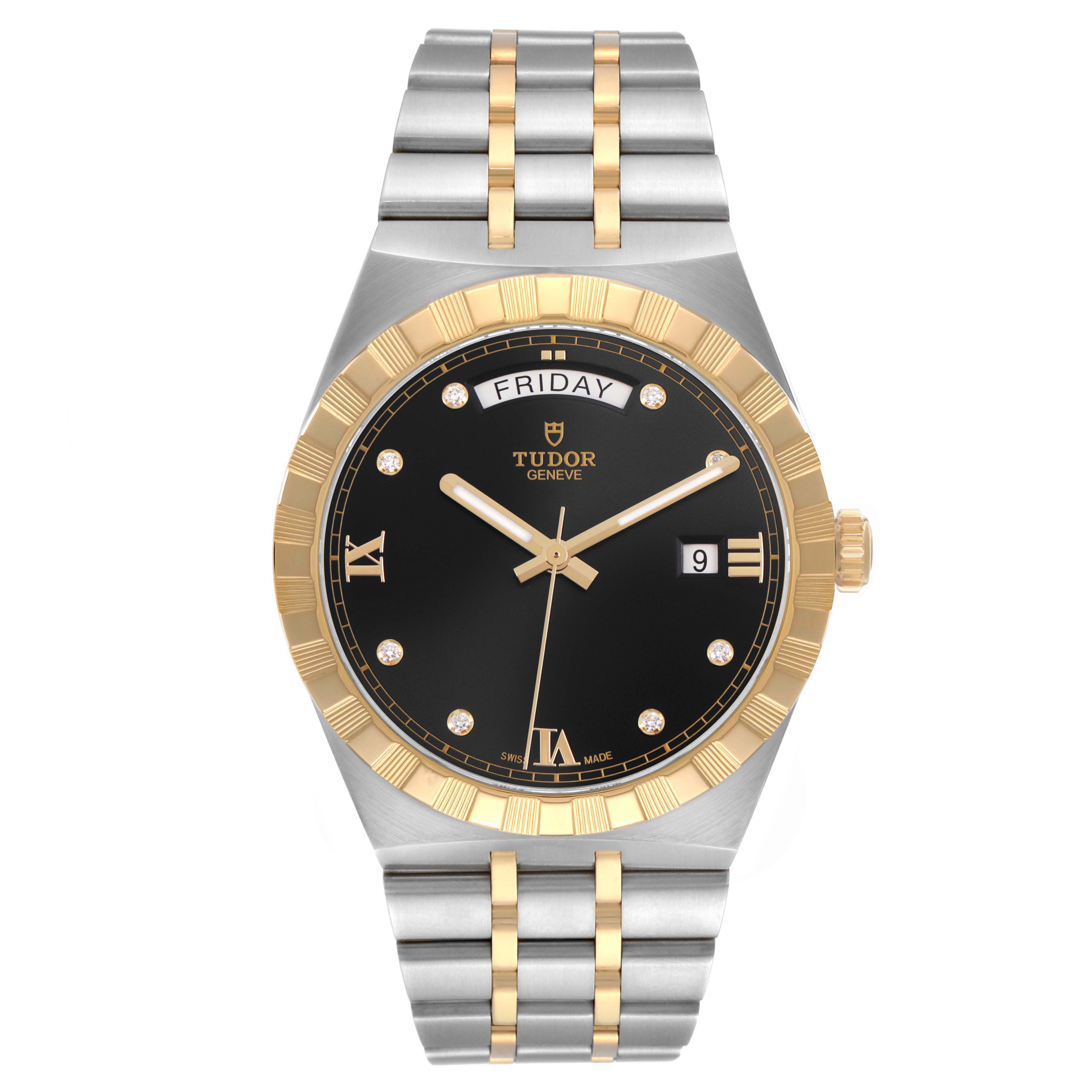 The Tudor Royal 28603 Men's Stainless Steel Black Dial watch is shown from a top-down angle, highlighting its bezel, dial, and bracelet.
