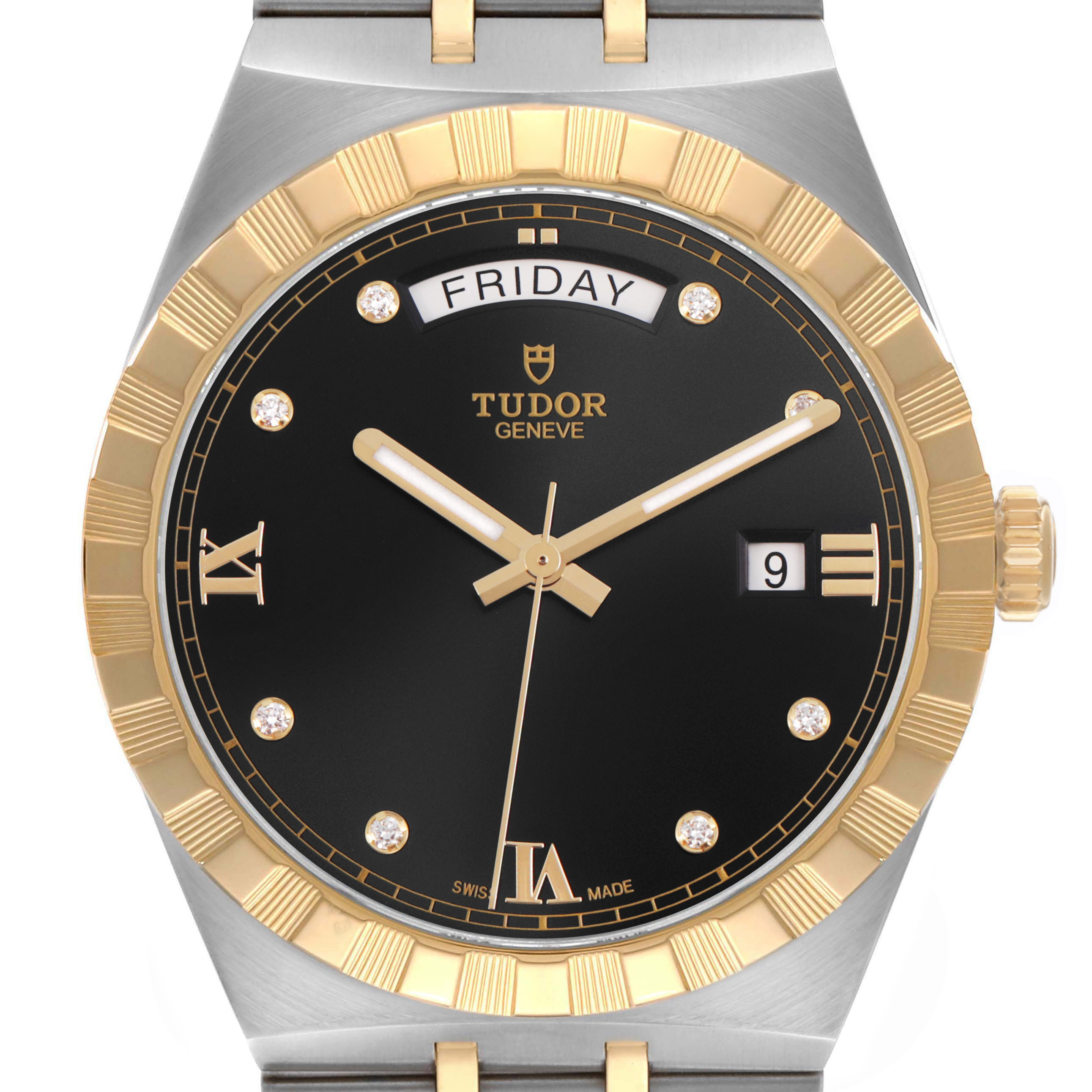 The Tudor Royal 28603 Men's Stainless Steel Black Dial watch is shown from a front angle, displaying its black dial, day-date function, and two-tone bezel.