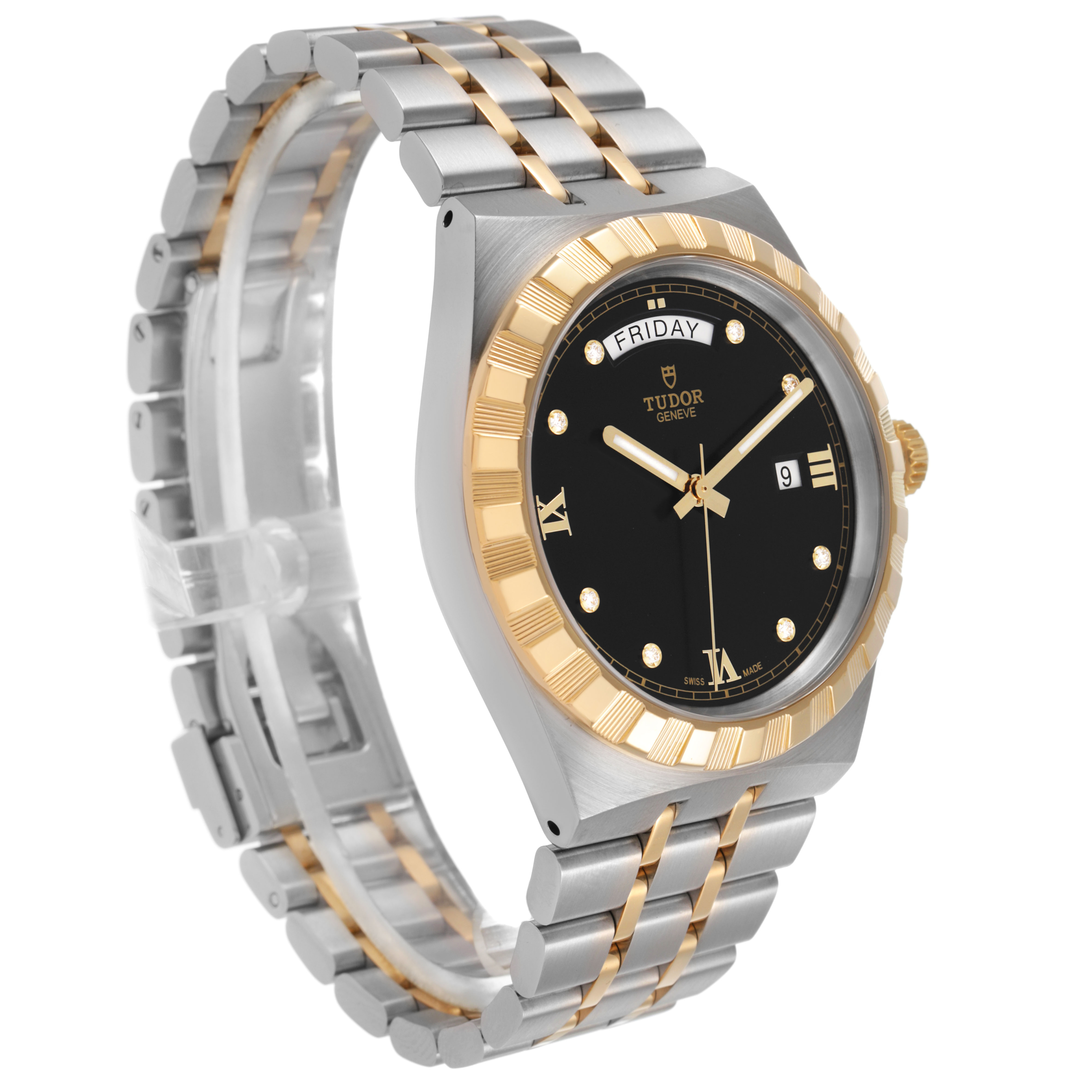 The Tudor Royal 28603 Men's Stainless Steel Black Dial watch is shown at a three-quarter angle, displaying the face, bezel, bracelet, and part of the crown.
